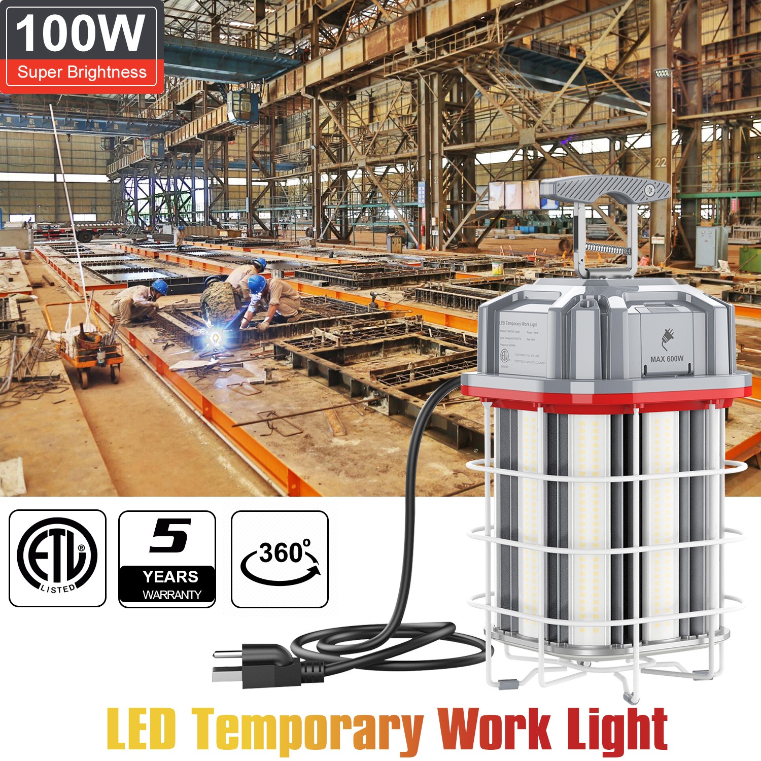100W Linkable LED Temporary Work Light Hanging Construction Lights 5000K 14500LM