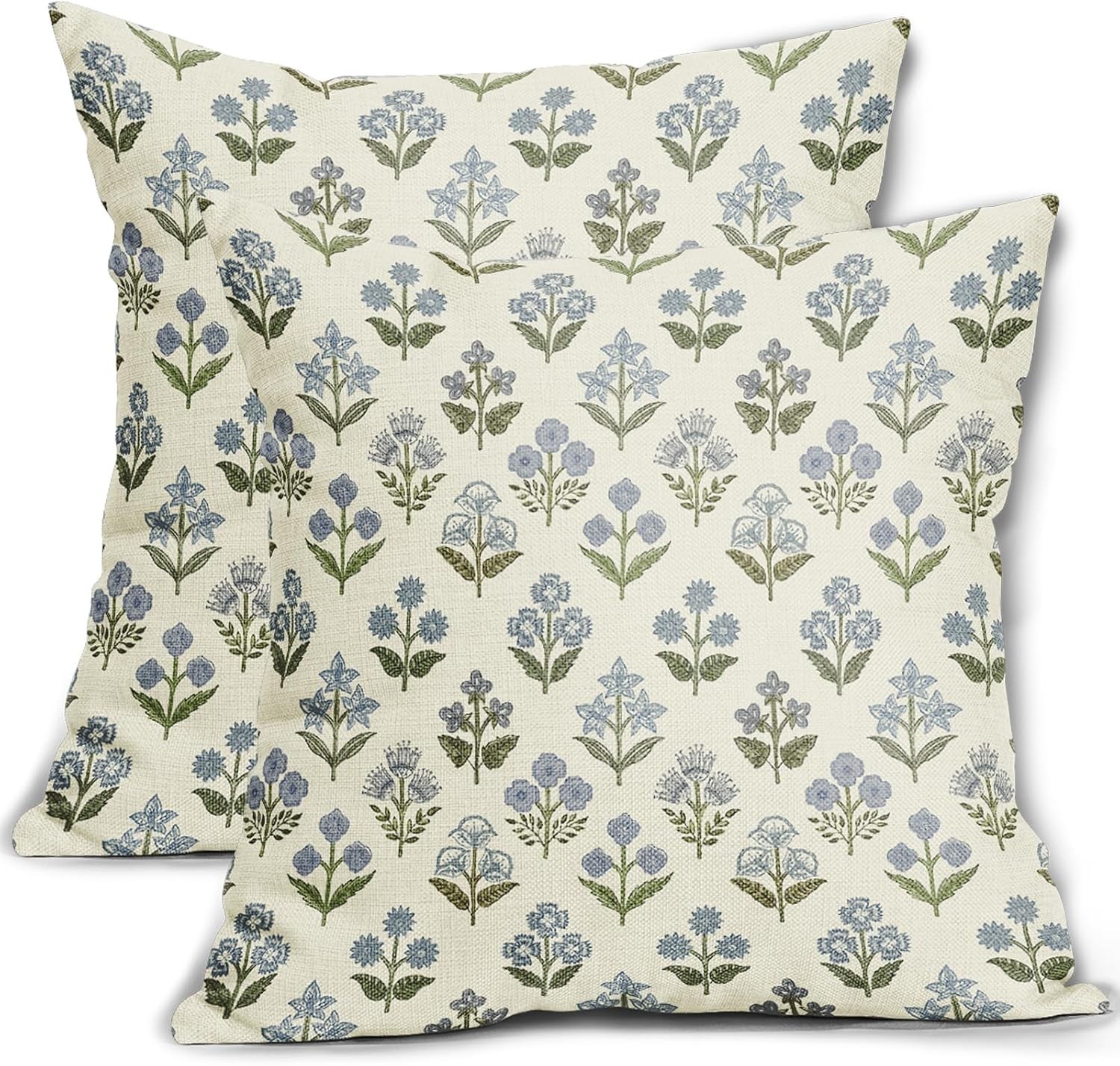 Blue Green Block Print Pillow Covers 18X18 Inch Set of 2, Vintage Floral Spring