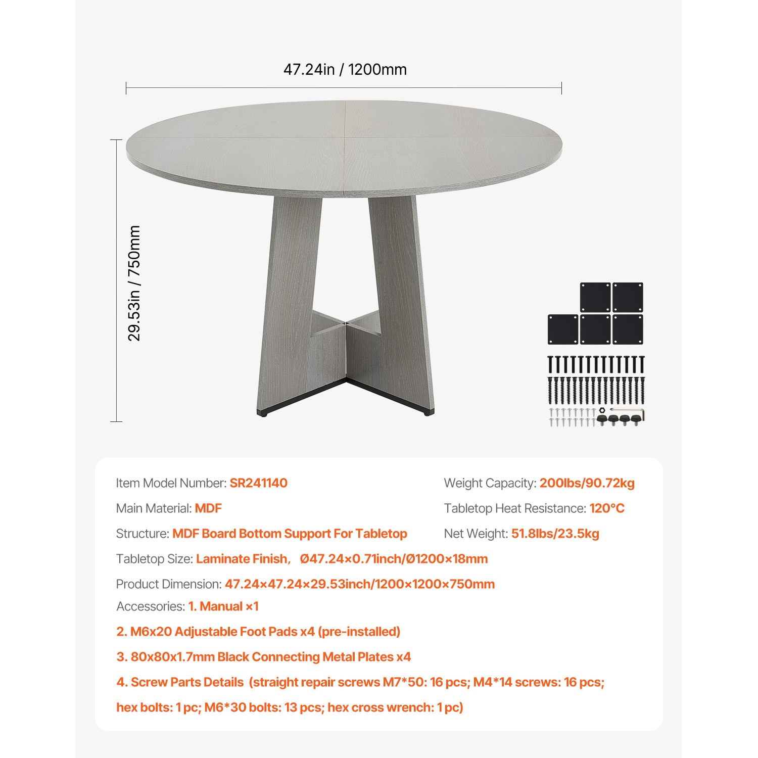 47 in Round Dining Table Wood Kitchen Table for 4-6 Person Grey (Only Table)
