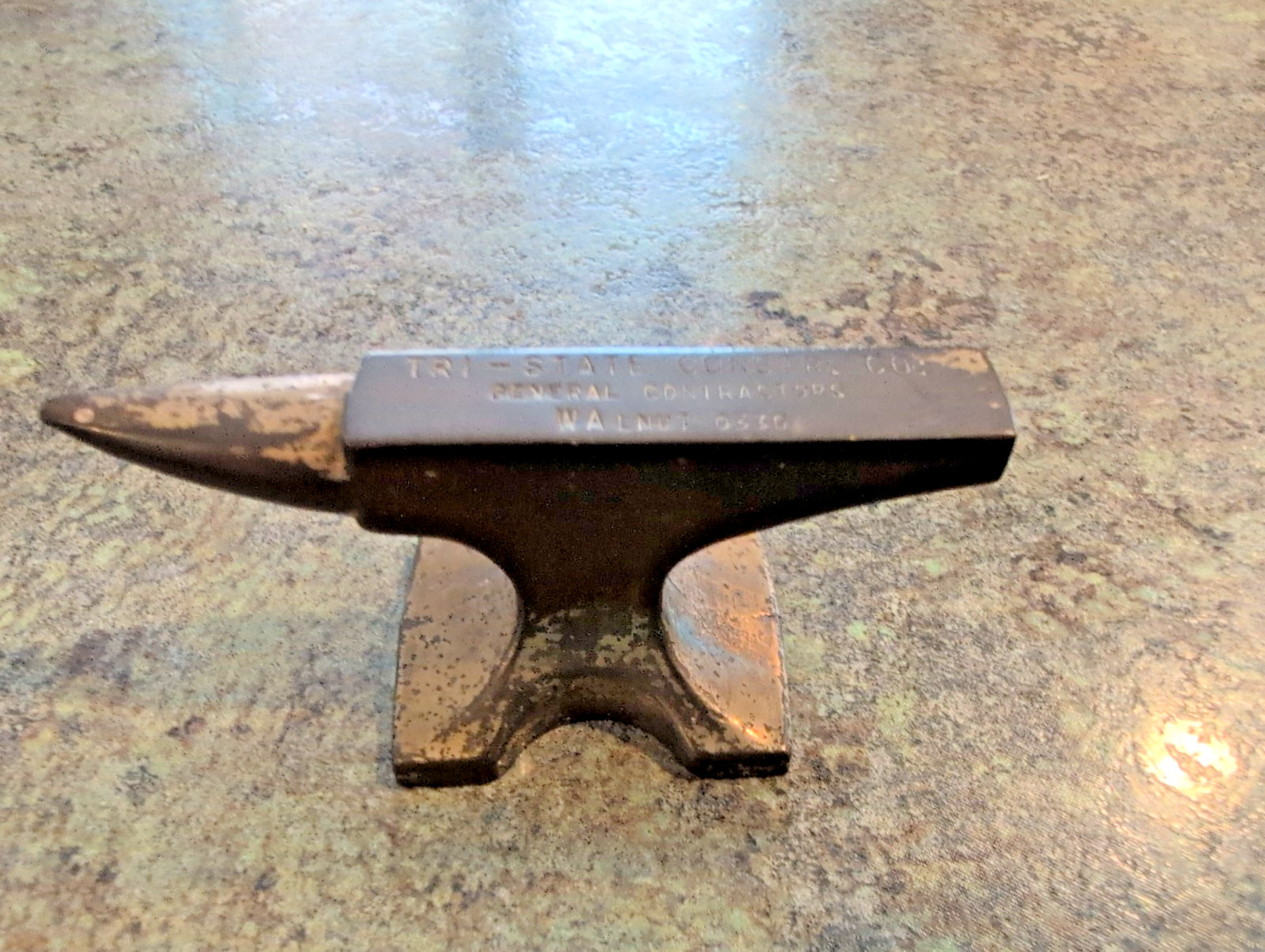 Vintage 3" Mini Brass Anvil Tri-State Construction Company Phone Walnut 0330