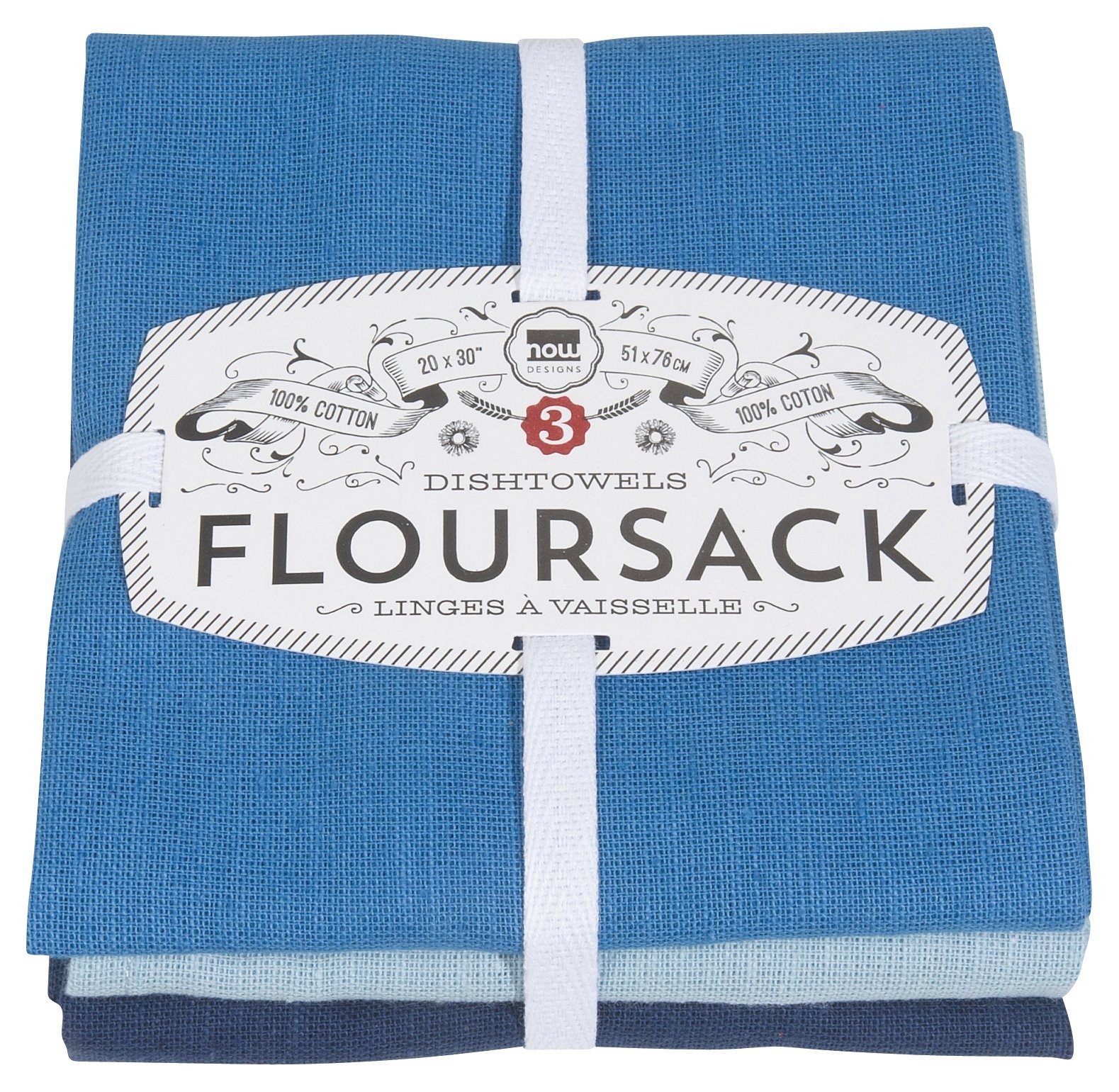 Now Designs Floursack Kitchen Dish Towels, 20 x 30in, Moonlght Blue Indigo