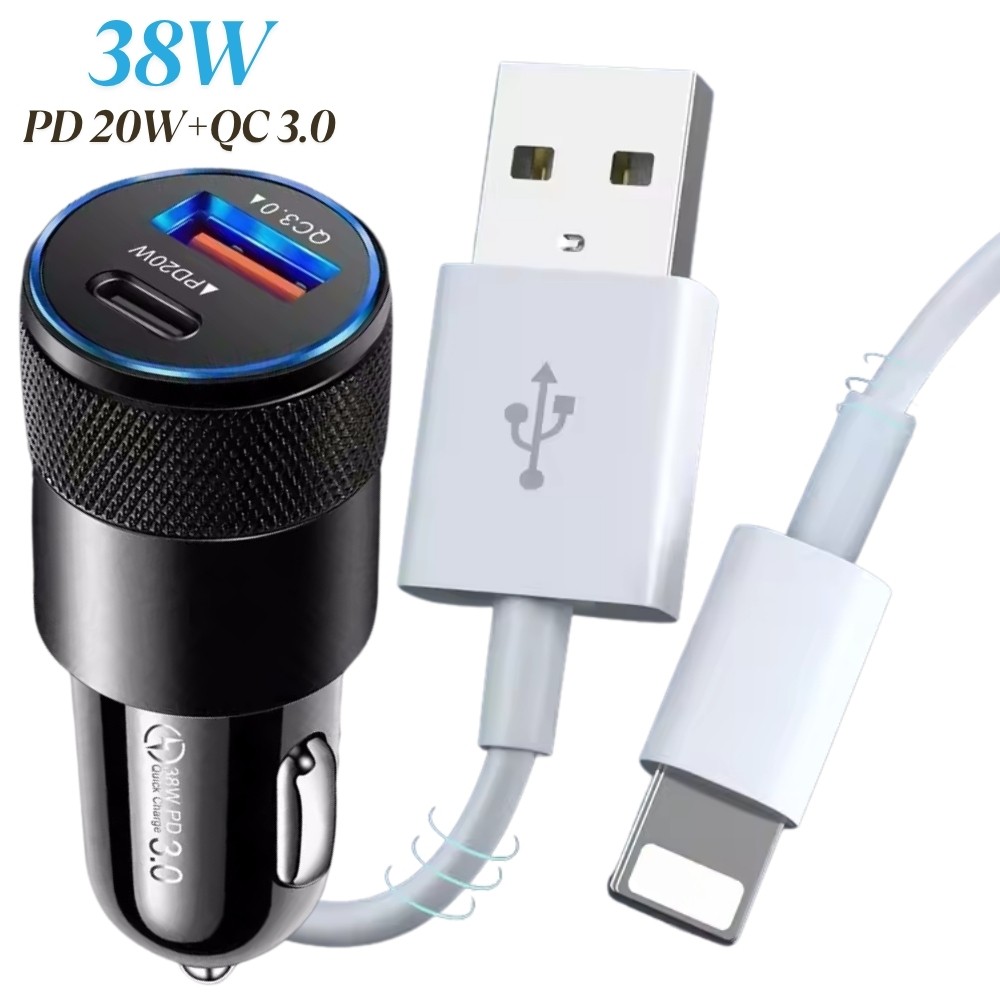 38W Fast Car Charger USB Charging Data Sync Cable For iPhone 14 13 12 11 Pro Max