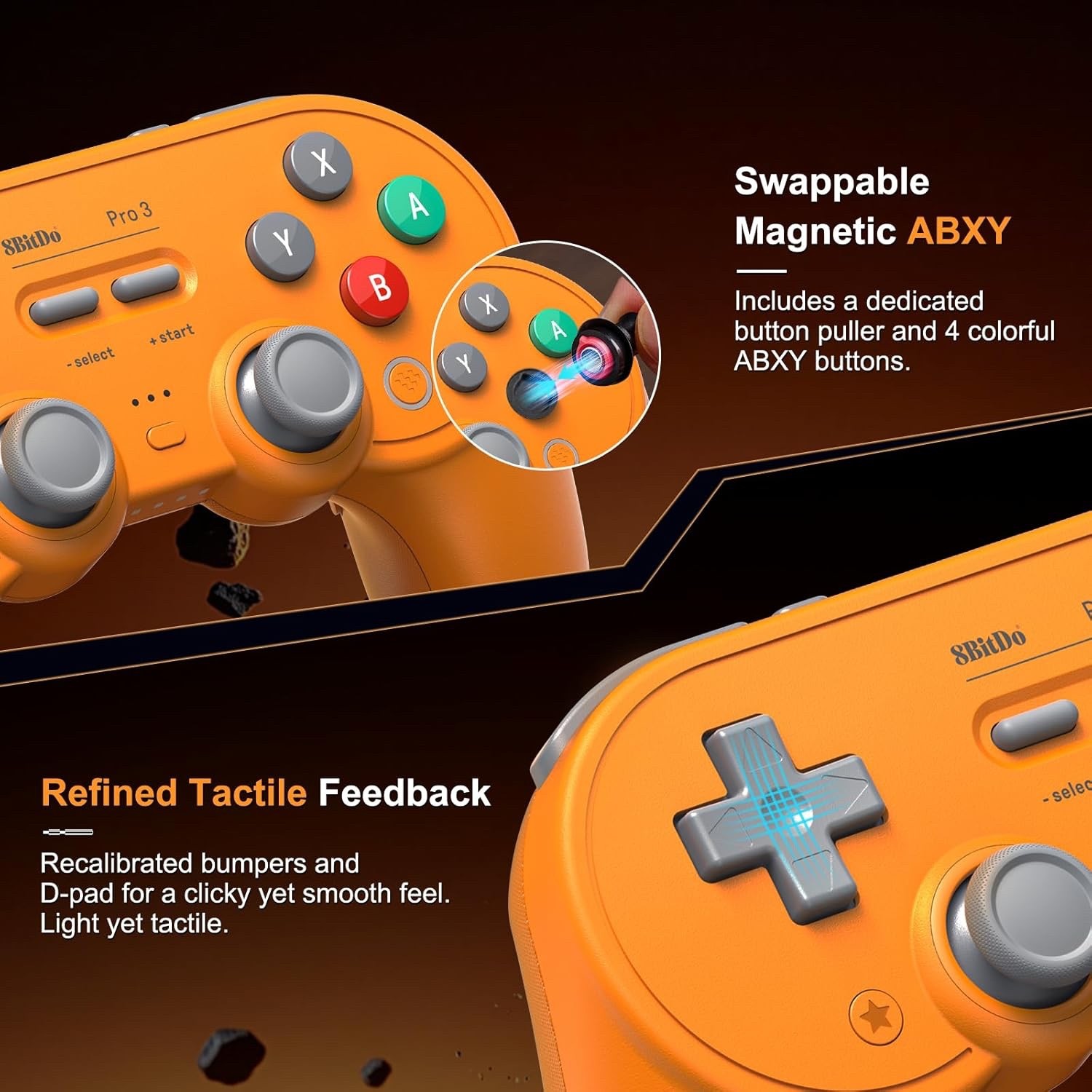 8BitDo Pro 3 Bluetooth TMR Hall Controller Switch PC SteamOS Android Orange