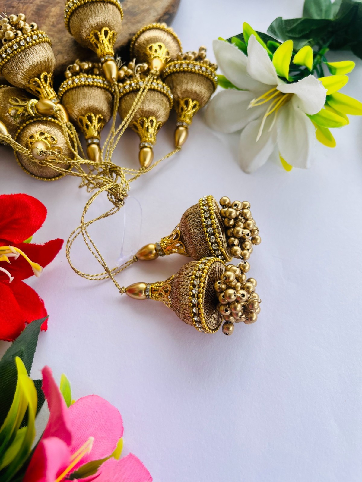 Golden Dome Latkan Tassels: Bridal Lehenga Dori Embellishment - Set of 2