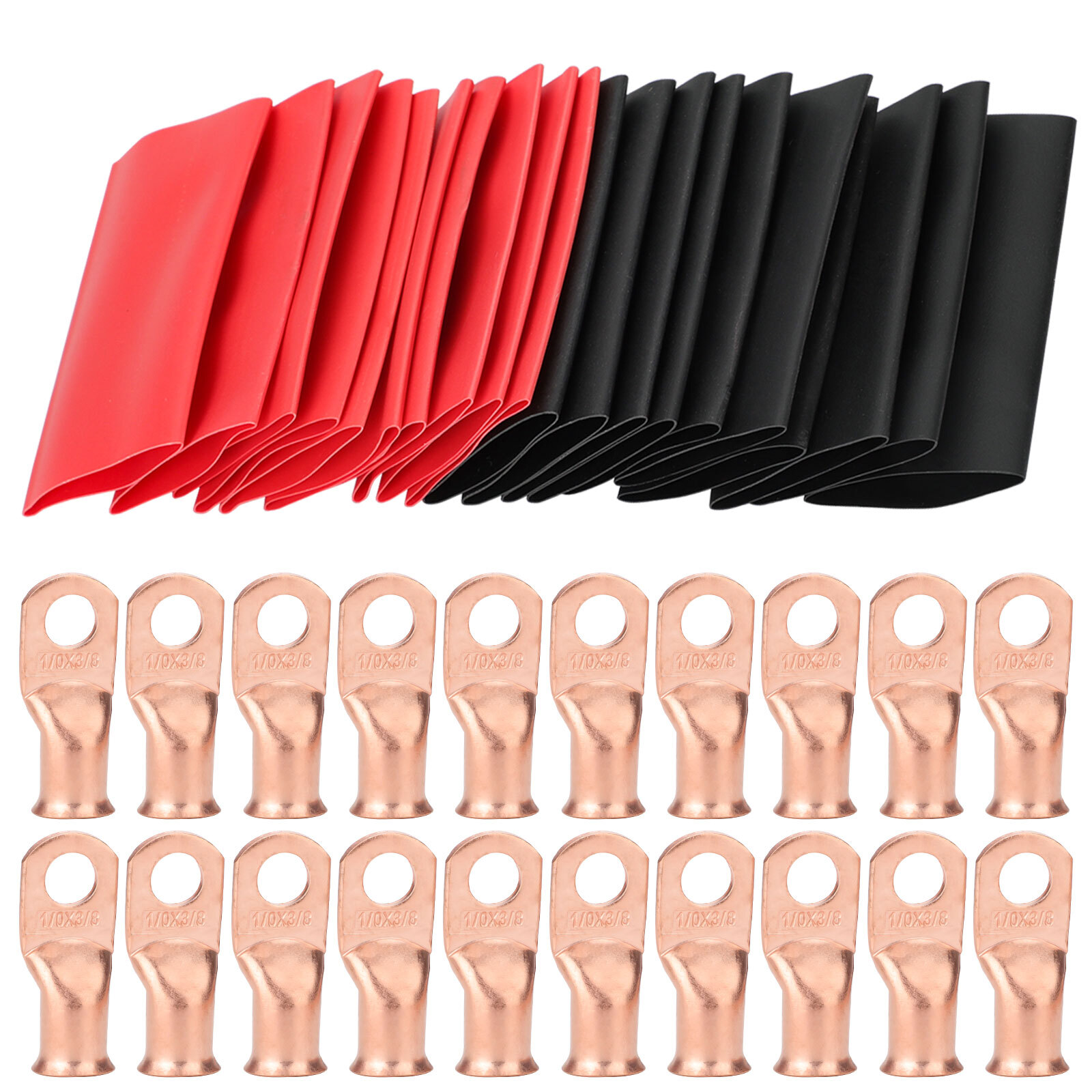 40 pcs 1/0 AWG Gauge Copper Lugs w/ BLACK & RED Heat Shrink Ring Terminals Set