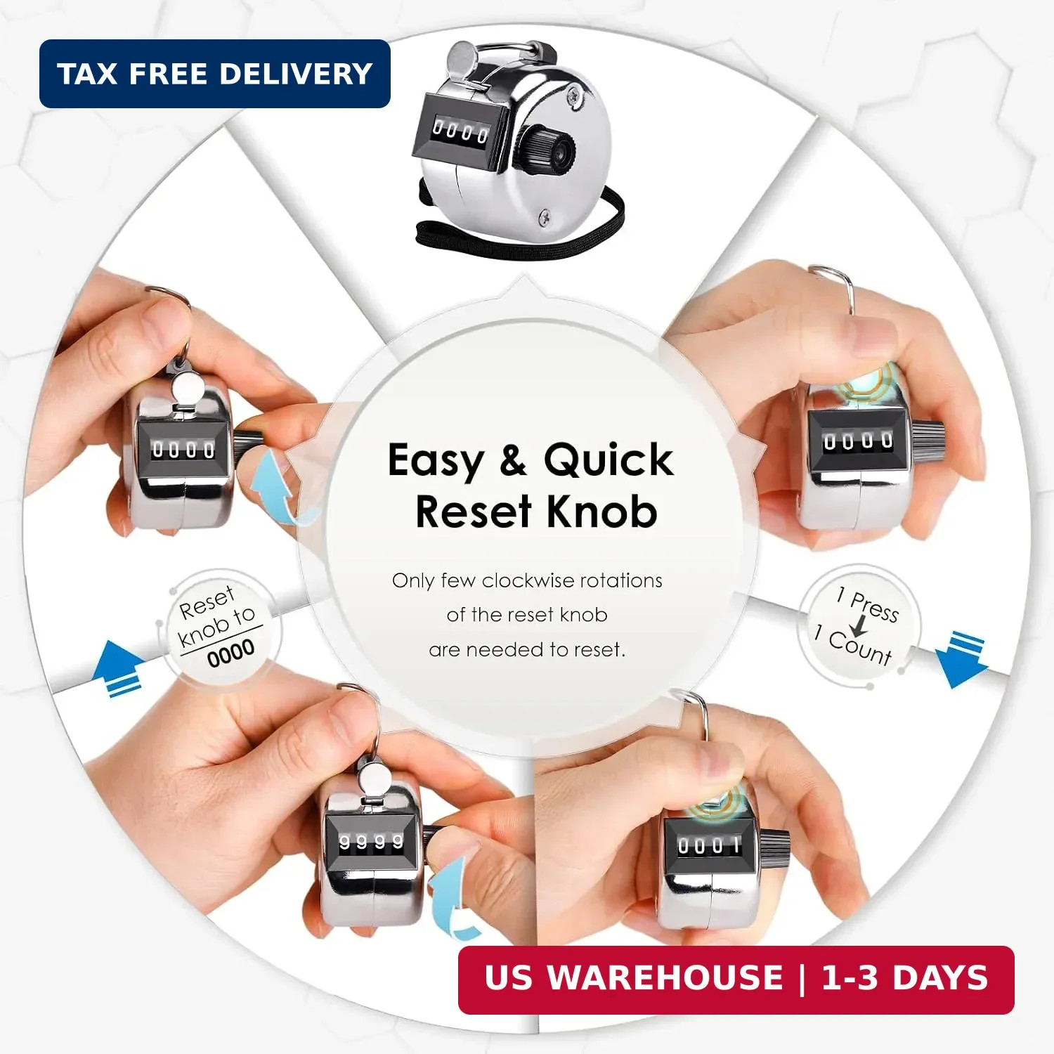 Handheld Tally Counter, 4-Digit Mechanical Clicker | Battery-Free Counting