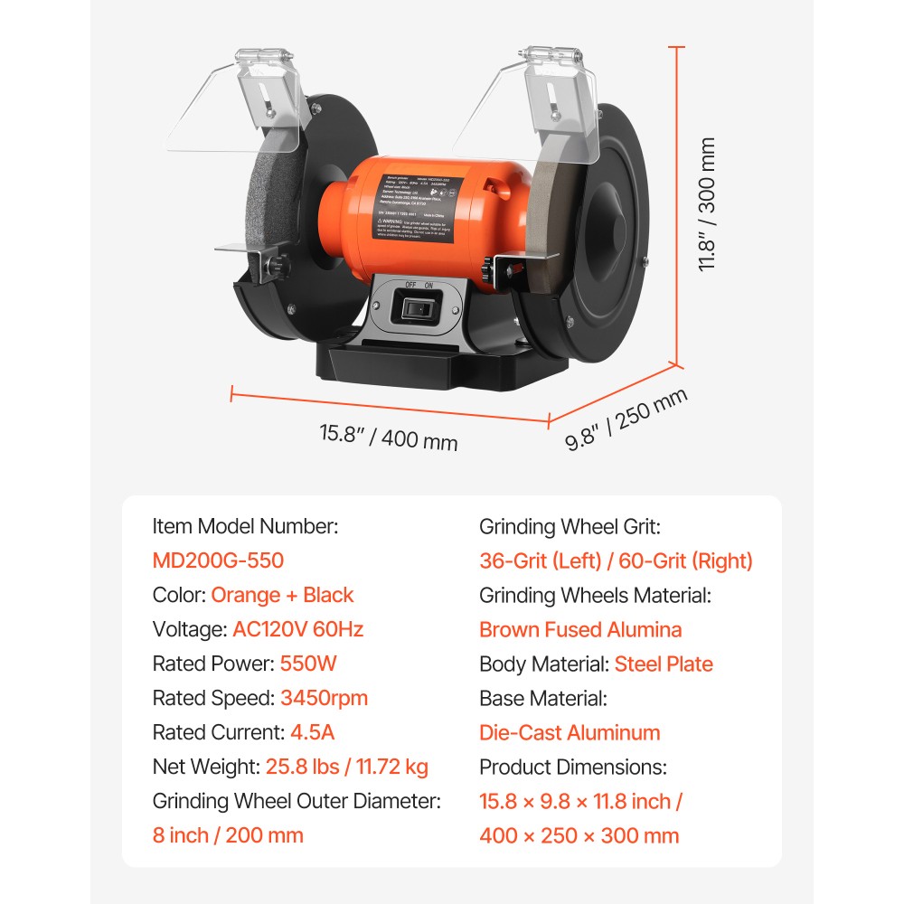 8" 550W 3450RPM Bench Grinder Adjustable Eye Shield Grinding Sharpener