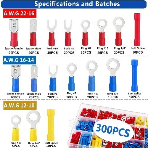Insulated Wire Electrical Connectors Assortment Kit Ring Spade Butt Quick