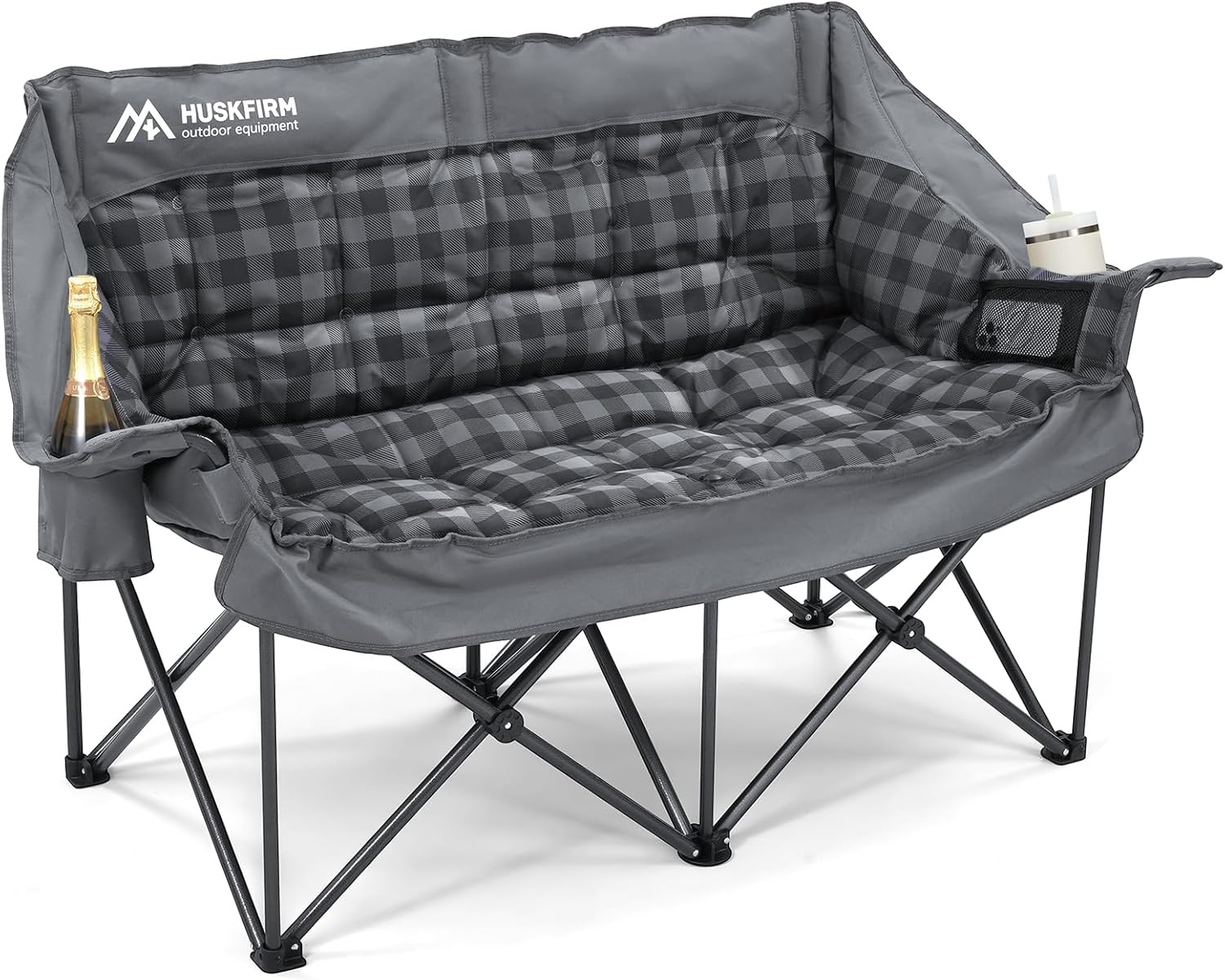 Oversized Double Camping Chair with Cup Holders and Carry Bag, Grey
