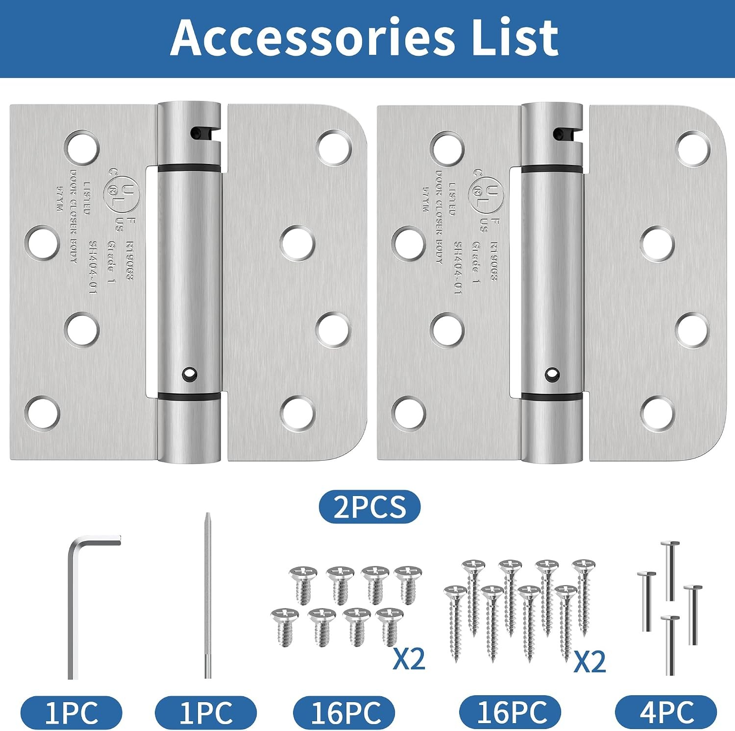 4" Self Closing Hinges, Brushed Nickel, Spring Loaded 5/8" Radius, 2-Pack