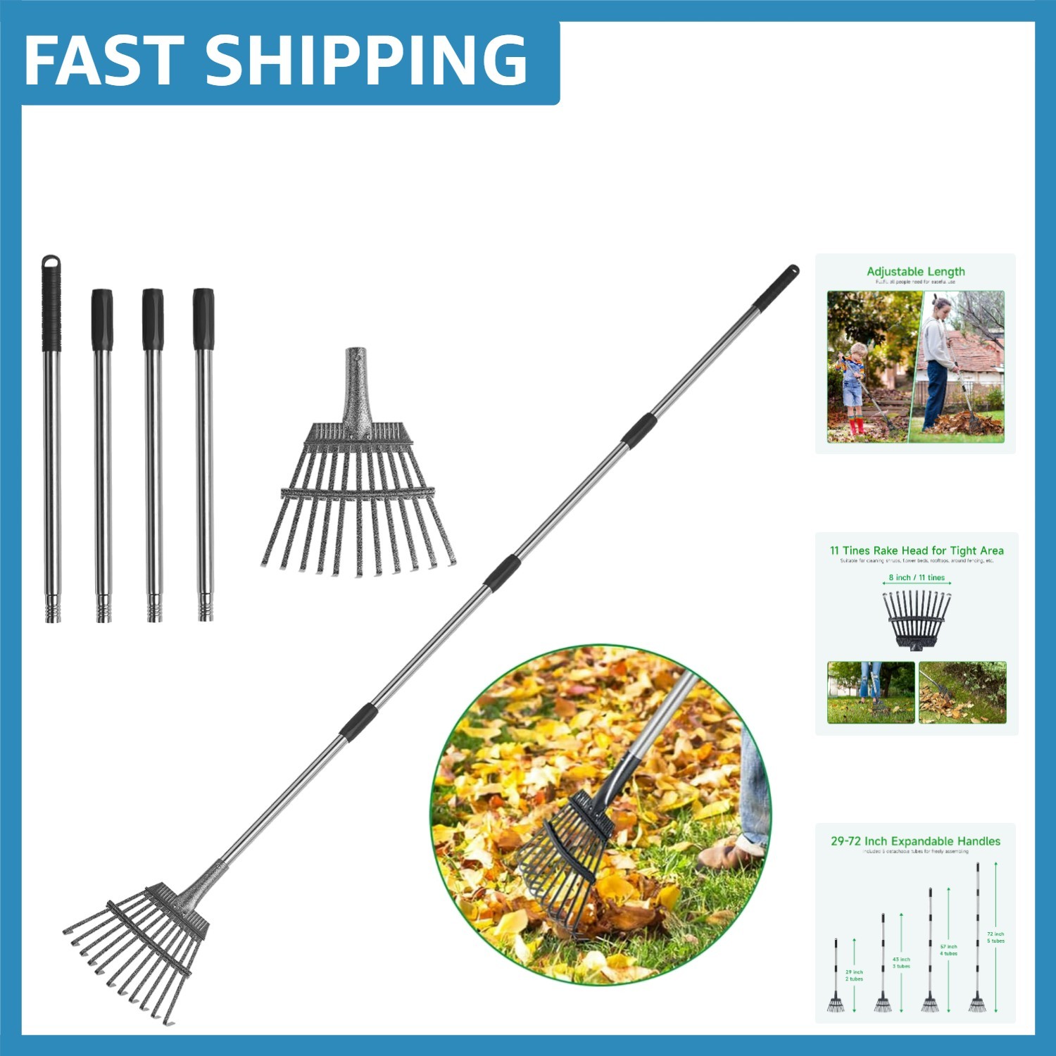 Adjustable Leaf Rake with 8'' Metal Head - Perfect for Gardens & Tight Spaces