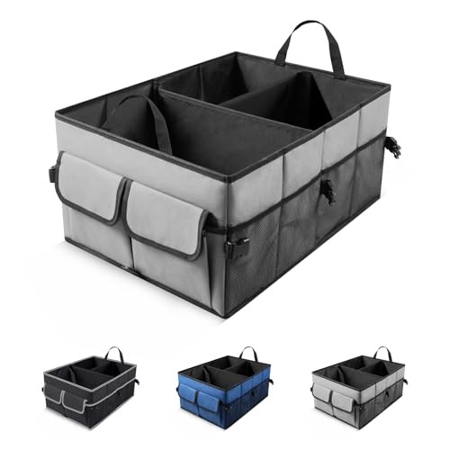 UYYE Auto Collapsible Trunk Organizer, 3 Large Compartments and 6 Pockets Grey