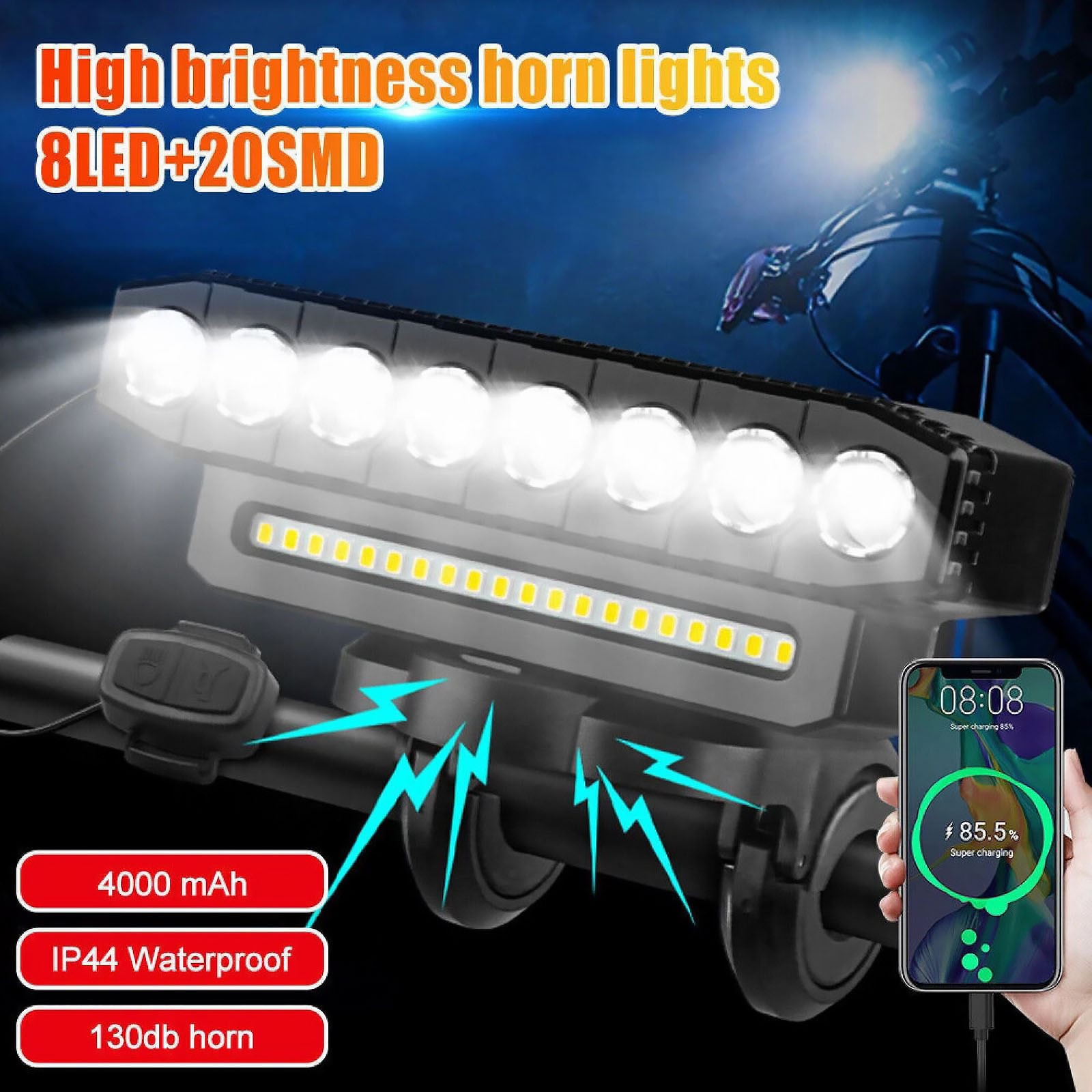 Bicycle Front Headlight LED Bike Light With 130dB High Pitched Speaker