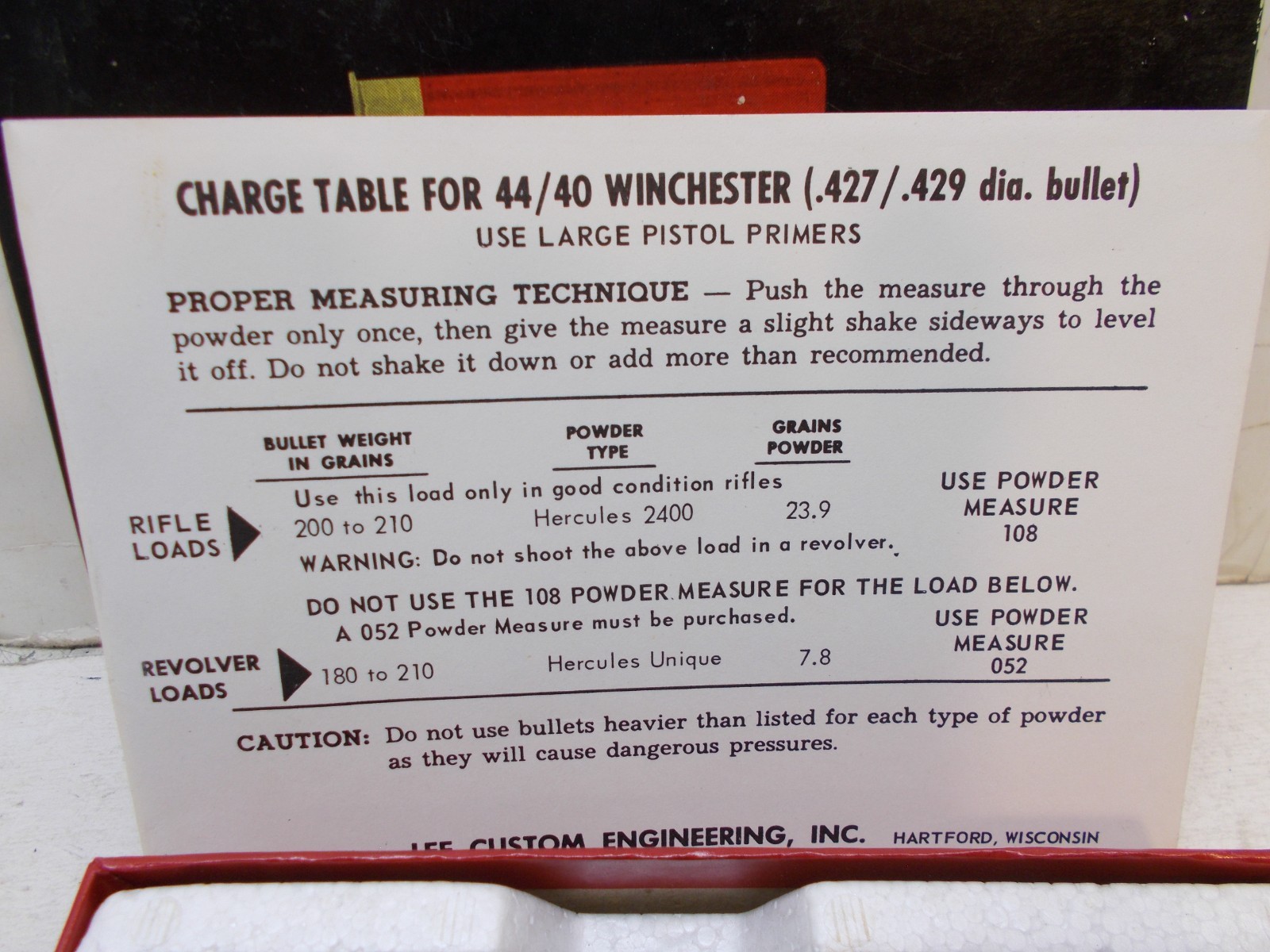 lee loader for 44/40 win + charge table + ins