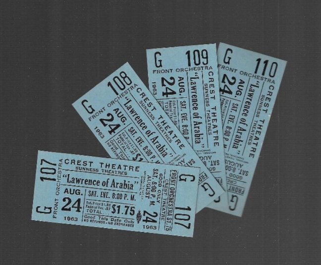 Vintage 4 Movie Tickets 1963 Crest Theatre Binghamton NY Lawrence of Arabia film