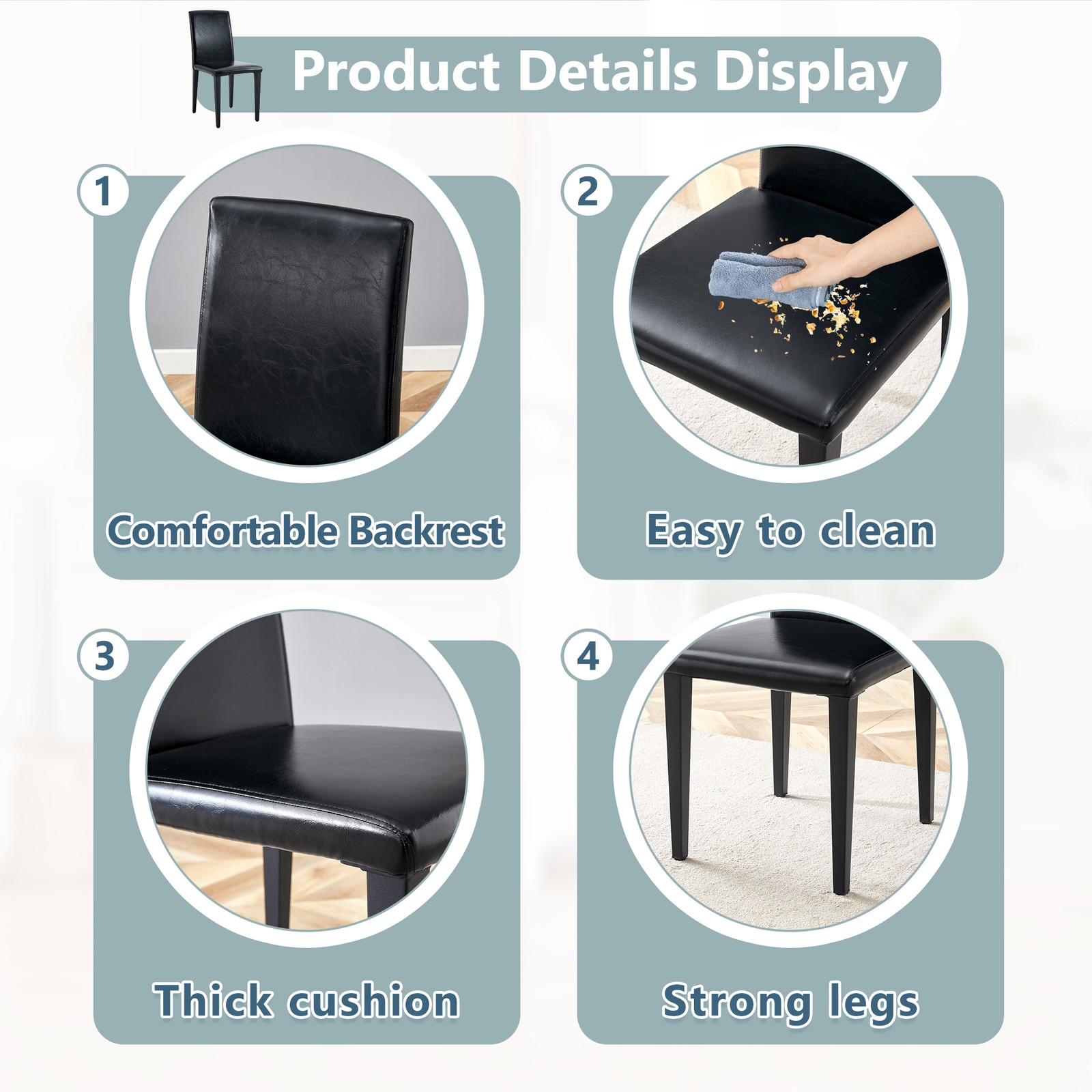 Two black PU dining chairs, simple and versatile, comfortable and accompanied.