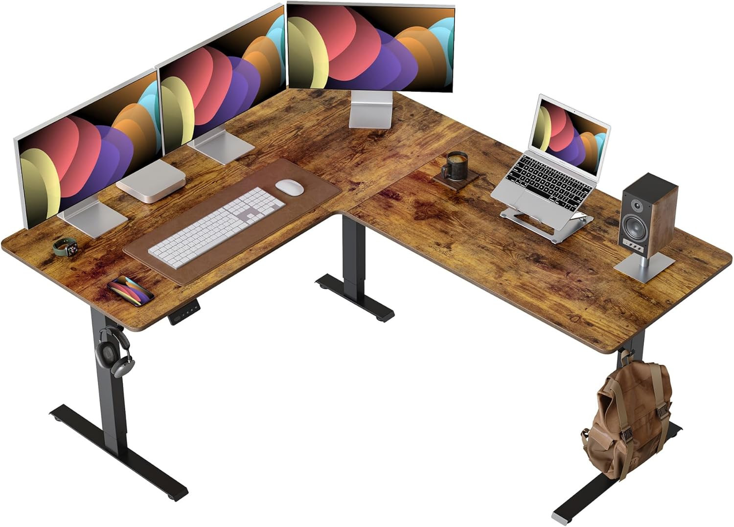 Rustic Brown L-Shaped Electric Adjustable Standing Desk for Home Office