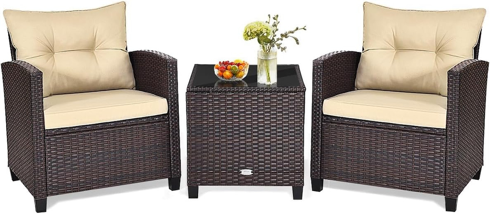 HAPPYGRILL 3 Pieces Patio Conversation Set, Outdoor Furniture Set PE Rattan Sofa