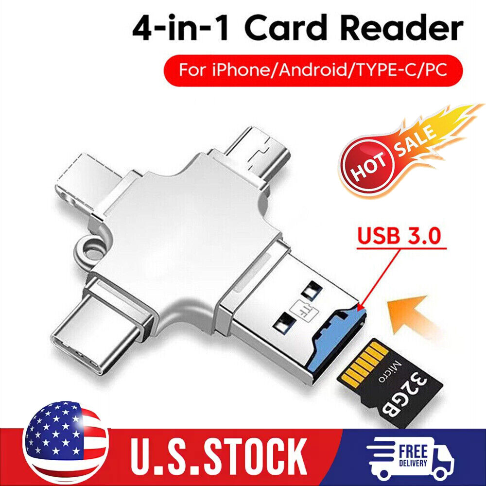4 In 1 iOS Micro USB Type C Micro TF Card Reader OTG for Android iPhone PC New🔥