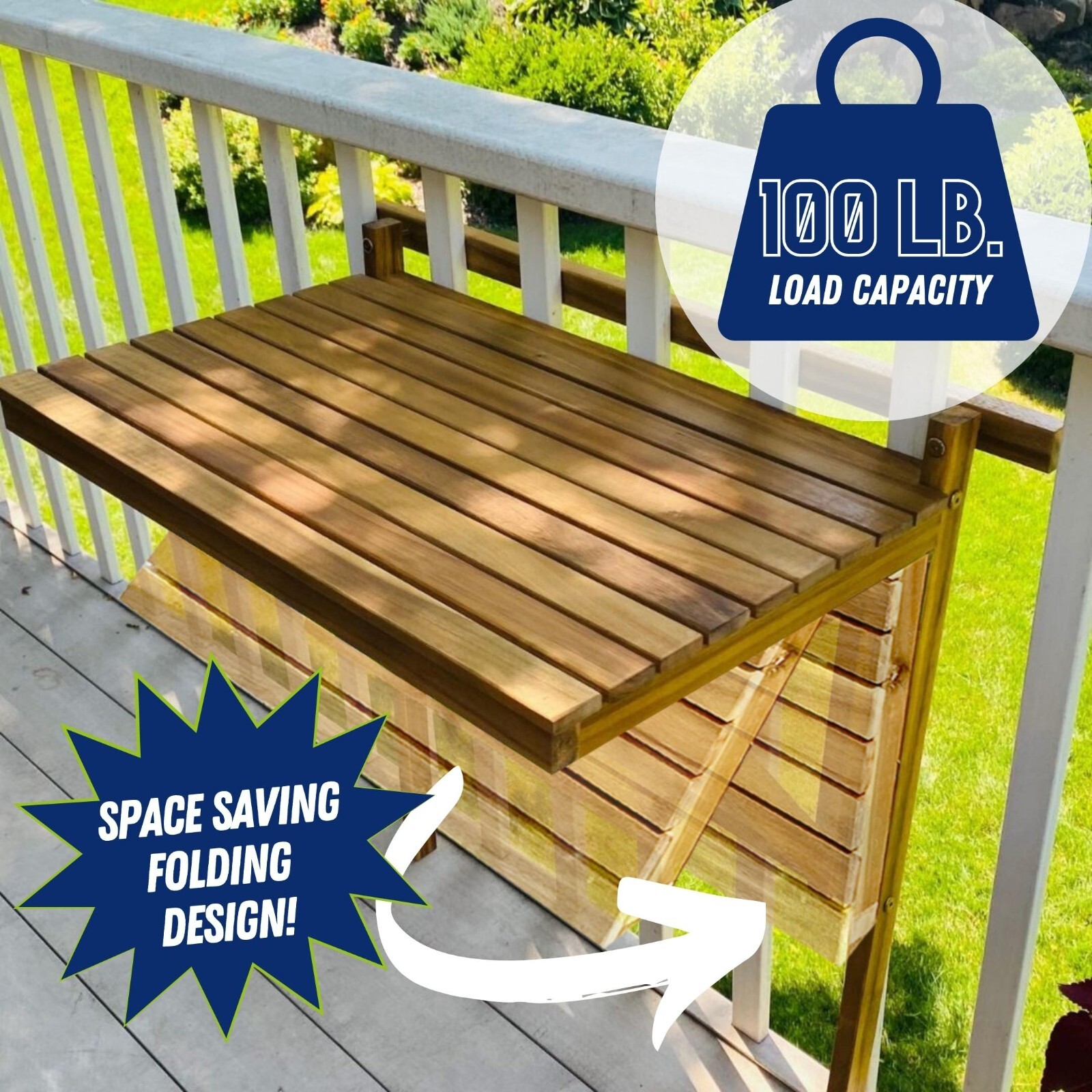 Patio Wise Outdoor Folding Acacia Wood Balcony Railing Table, Foldable Deck Bar