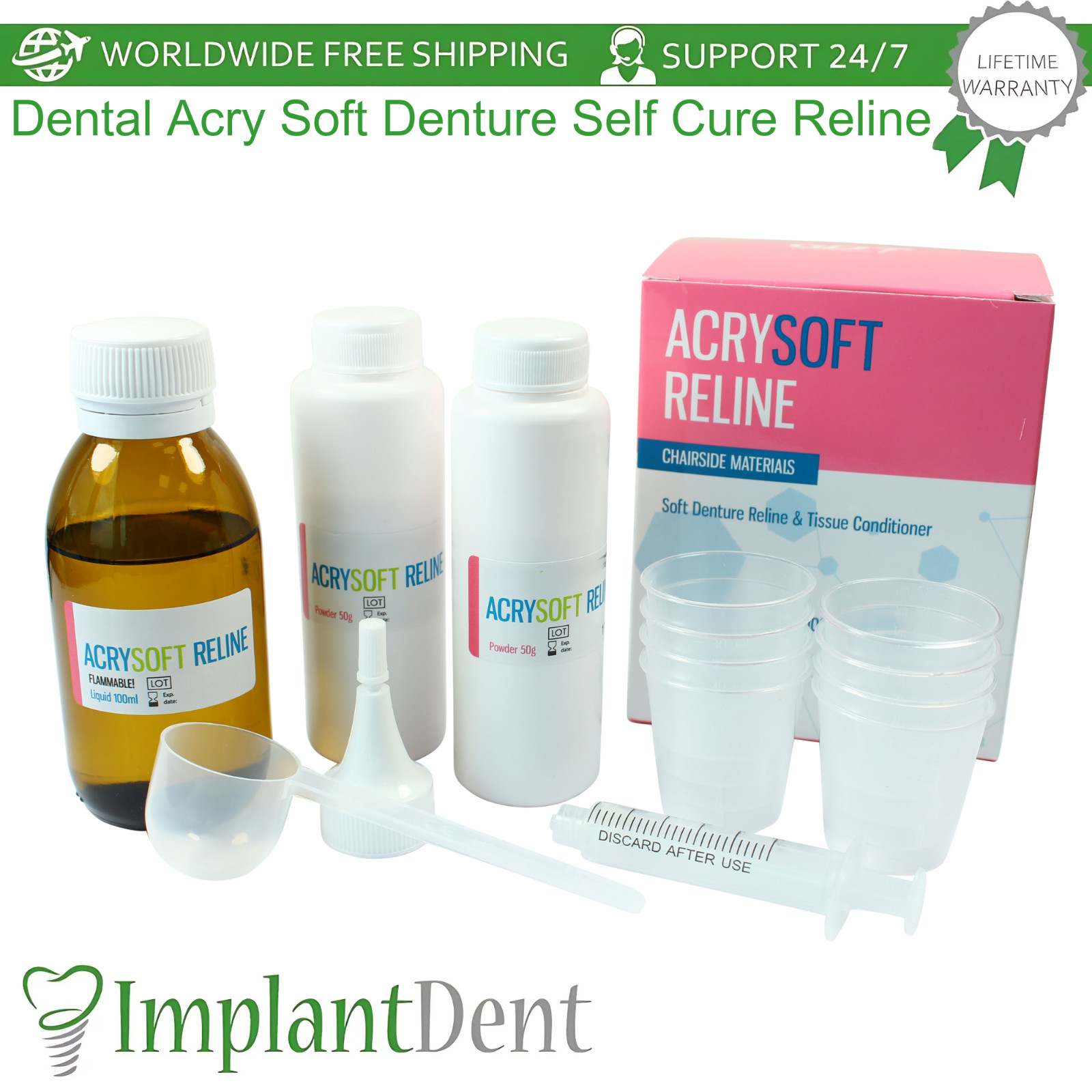 Soft Reline Denture Tissue Conditioner Full Kit Dental Self Cure Pink Acrylic