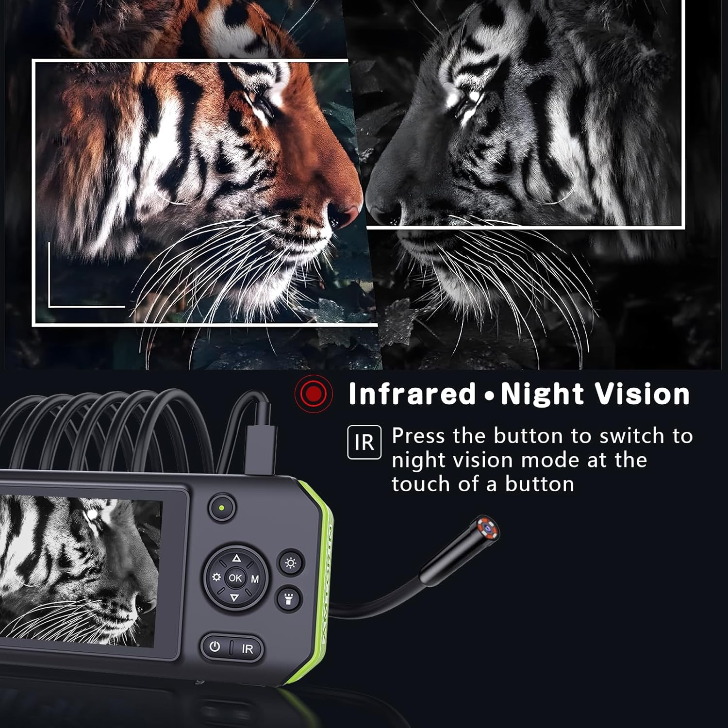Night Vision Borescope Camera, 5" IPS Screen, 16.5FT Cable, IP67 Waterproof