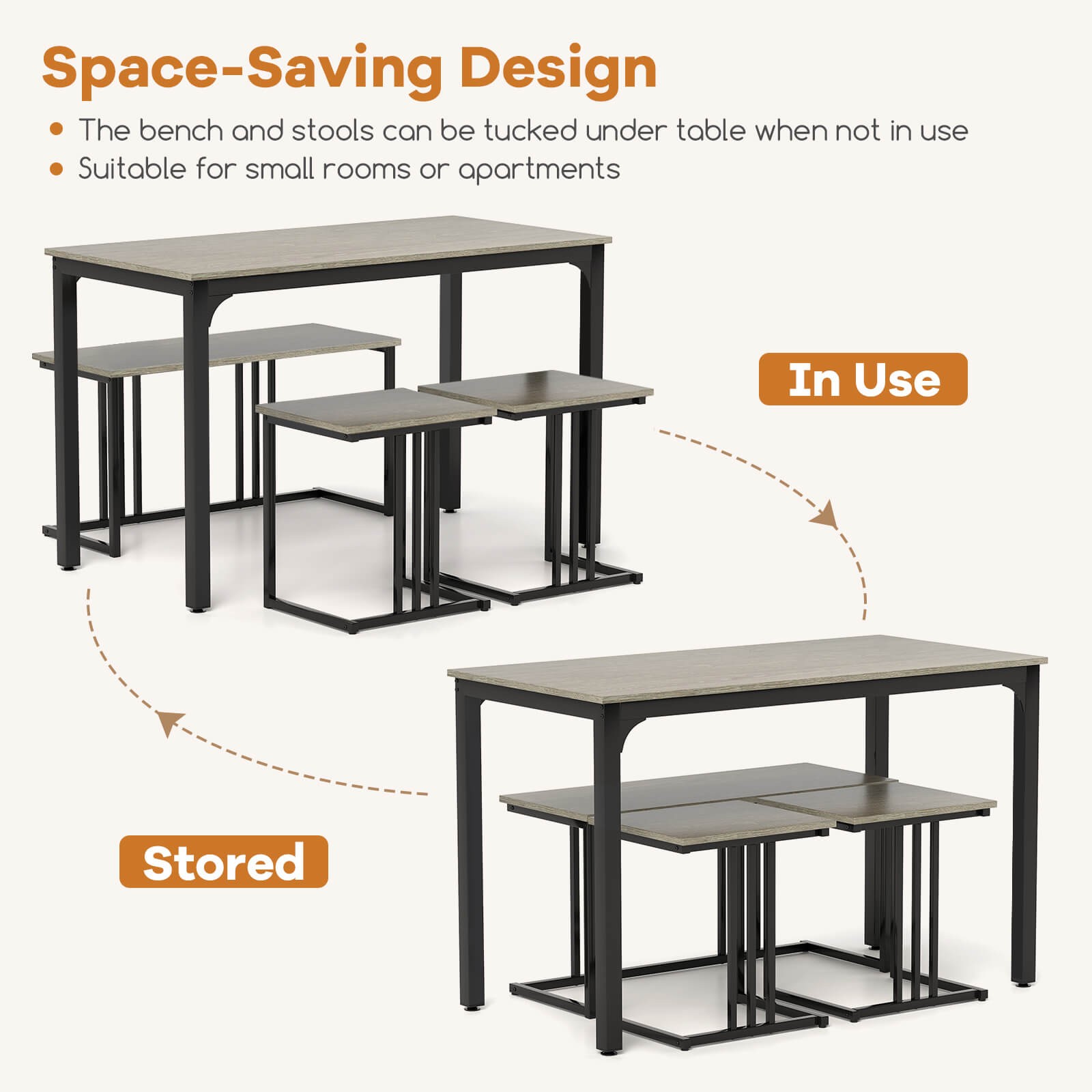 4-Piece Dining Table Set w/ Table & Bench & 2 Stools Office, Kitchen, Living