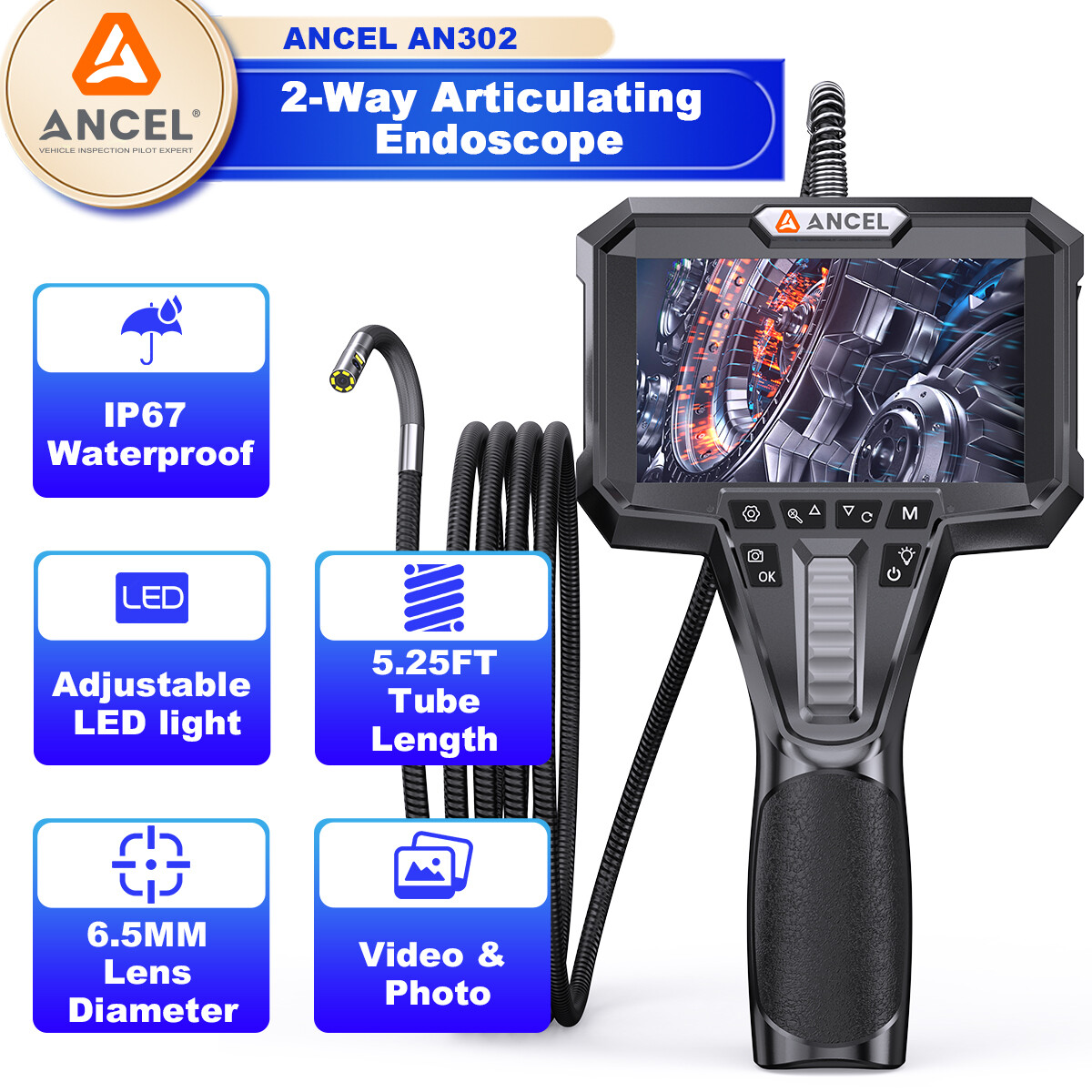 ANCEL AN302 210° 2-Way Articulating Borescope 6.5MM Dual Camera Endoscope 5.25FT