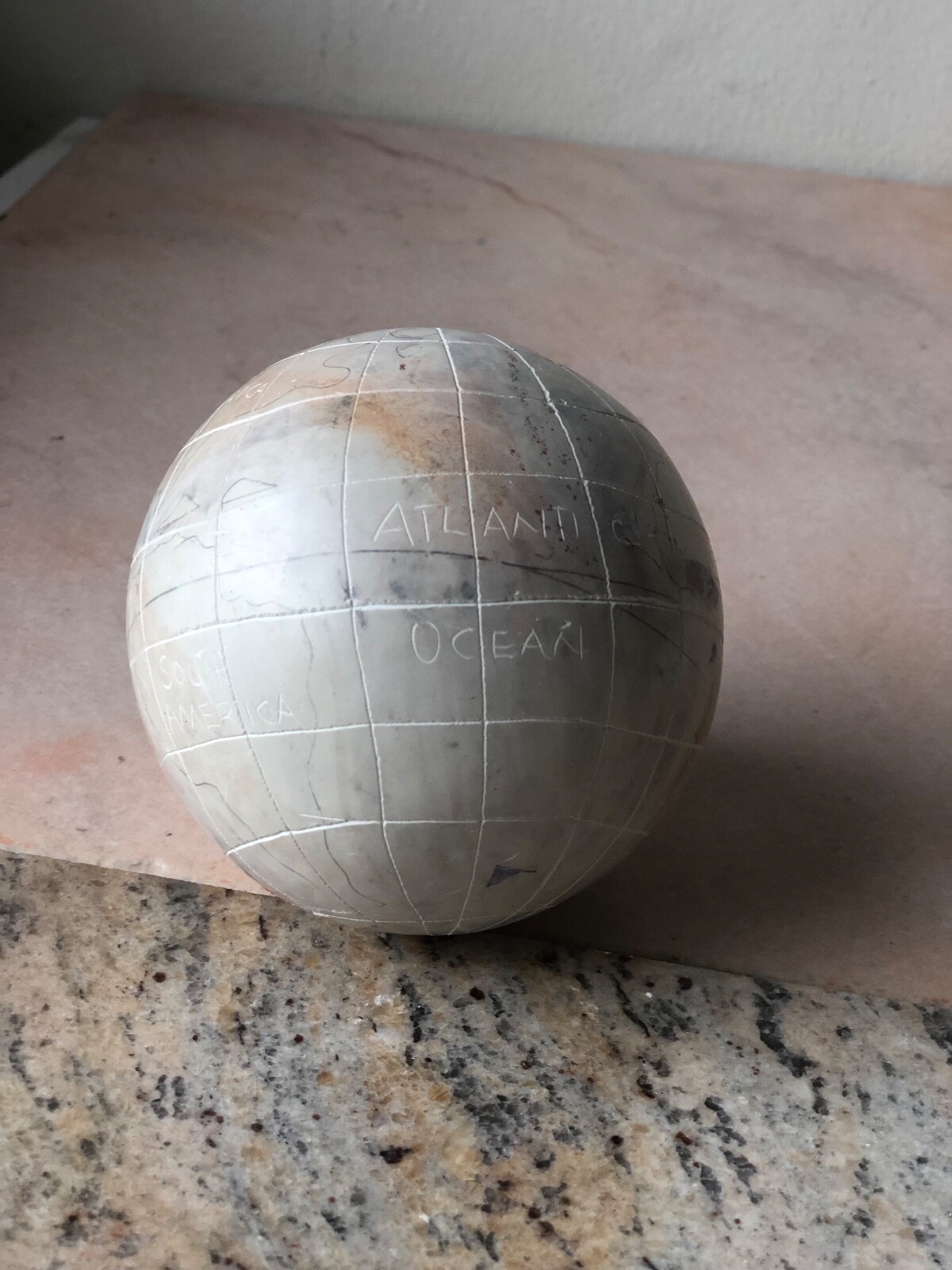 Unique Vintage Carved and Handpainted Stone Globe / World Map