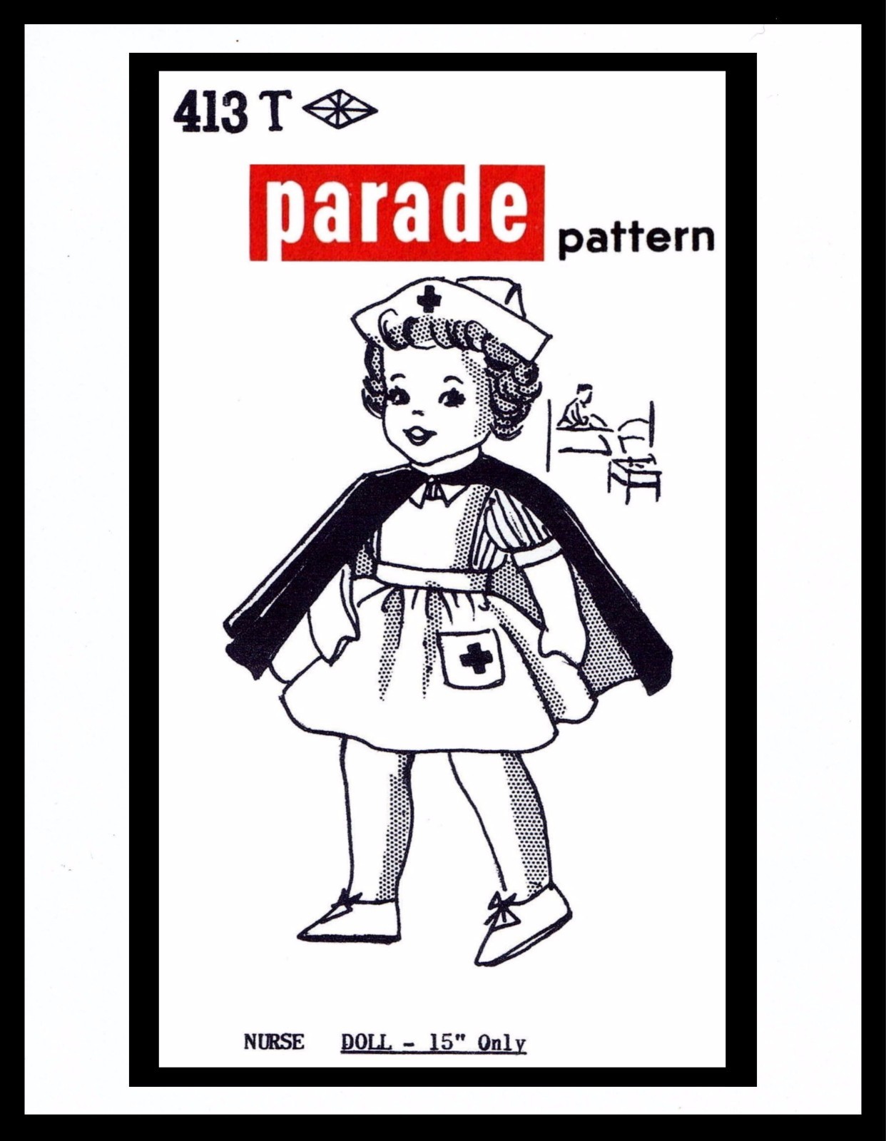 Sewing Pattern Doll 15" WWII NURSE GIRL Plush Soft Jointed Body Toy PARADE 413-T