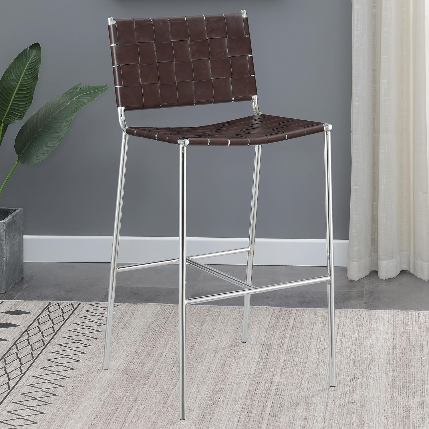 Adelaide Brown Upholstered Pub Height Bar Stool with Chrome Accents