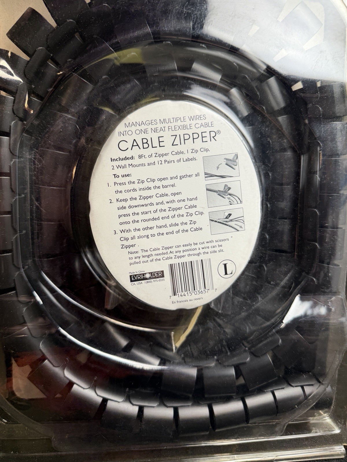 Cable Zipper Cord Organizer by Evriholder Black 1/2" Diameter