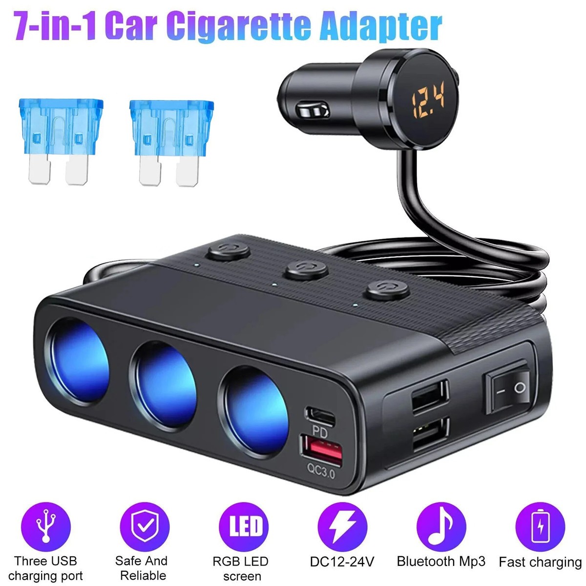 3-Way Car Cigarette Lighter Socket Splitter Quick Charge 7 in 1 Power Adapter US