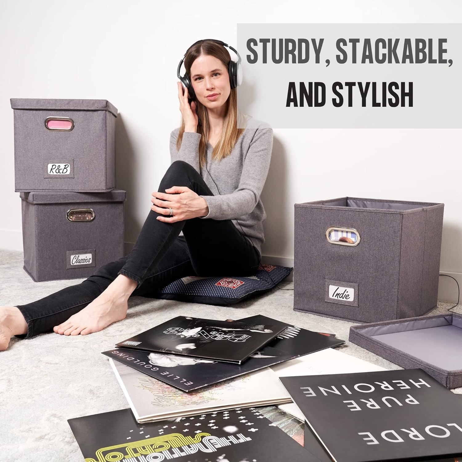Decorative Vinyl Record Storage Box for 50+ Single Records - Sturdy and Easy ...