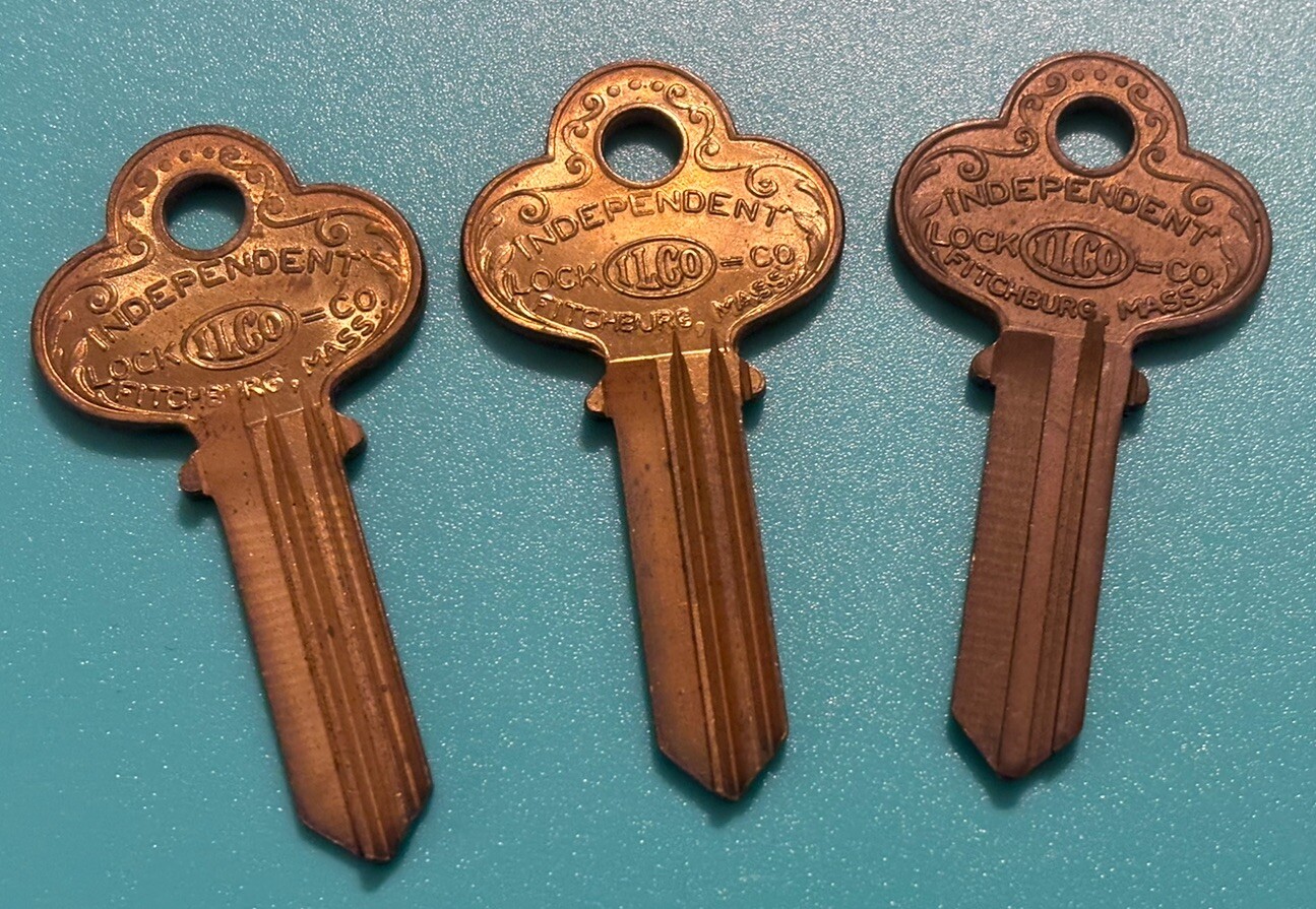 3 Vintage Independent Lock Co ILCO Fitchburg Mass. USA    Ornate Key Blanks