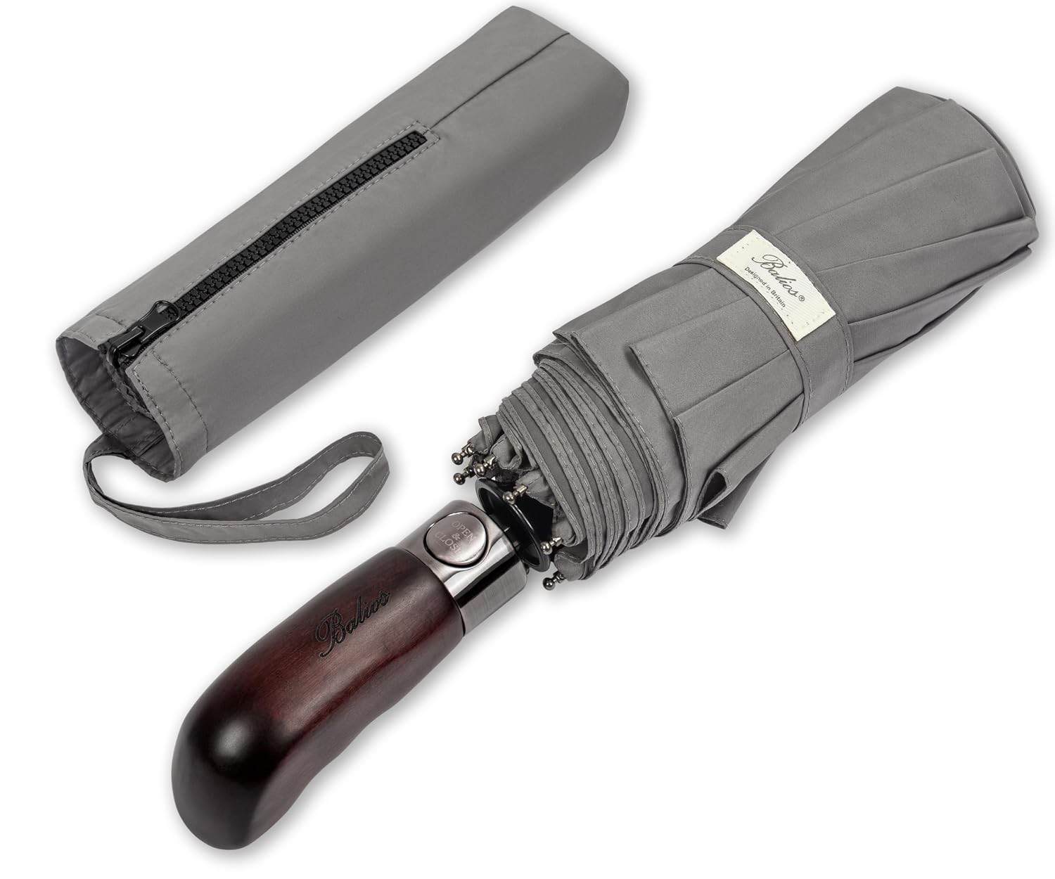 Genuine Handmade Real Wood Folding Auto Open Close Umbrella Metallic Gray
