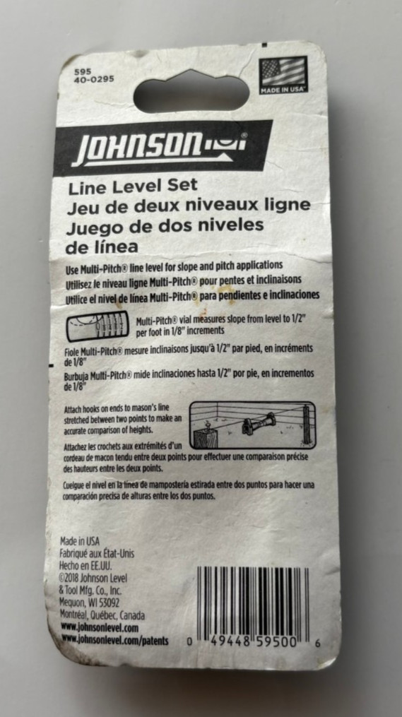 Johnson Structo-Cast 3 Inch Plastic Line Level Set (Package Scuffs)
