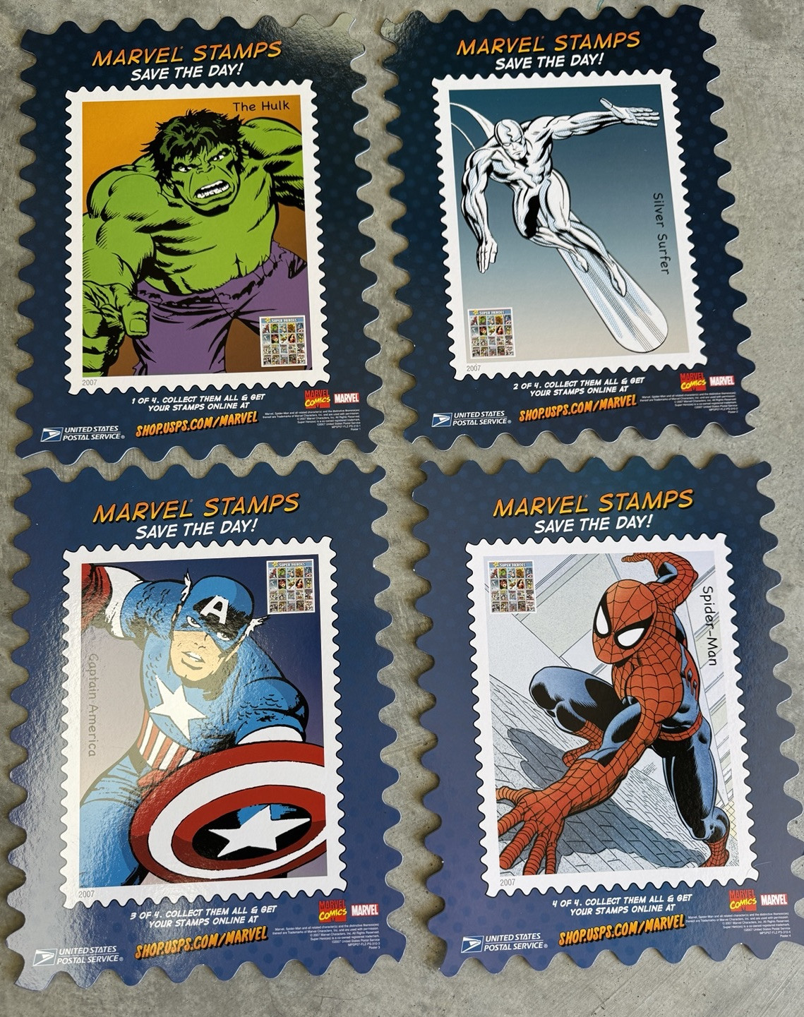 USPS Giant Promo Marvel Stamps Save the Day complete 4 card set 2007 2 Sided