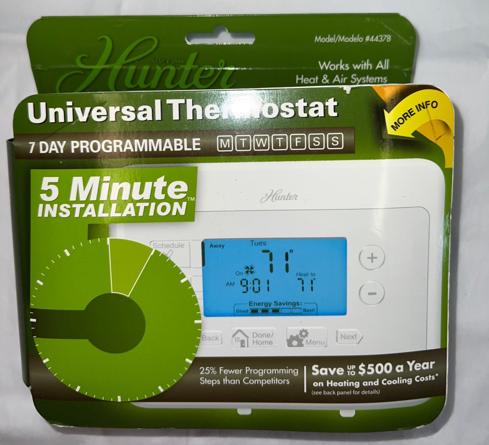 New Hunter Universal Thermostat 7-Day Programmable Model #44378 w manual