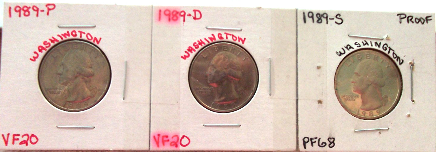 1989-P VERY FINE / 1989-D VERY FINE / 1989-S HIGH END PROOF WASHINGTON QUARTERS