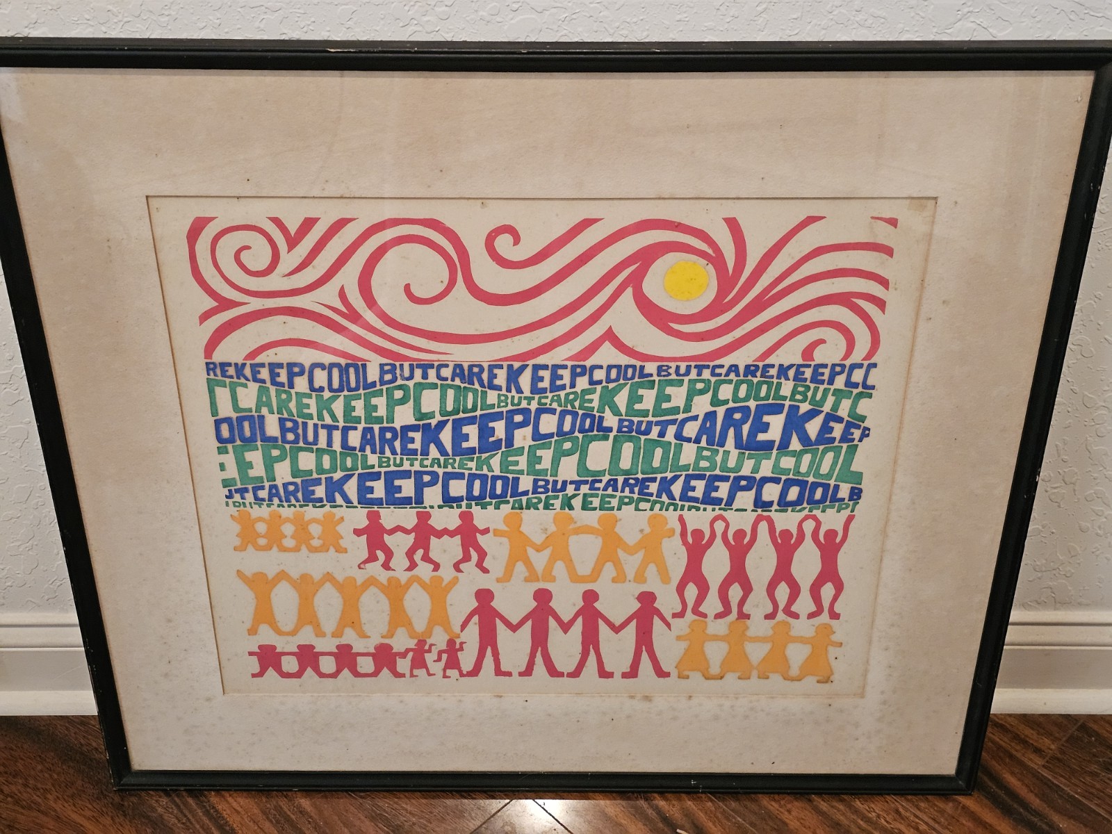 Vintage '60's/'70's Framed Hippie Collage Art "Keep Cool But Care"-Very Good
