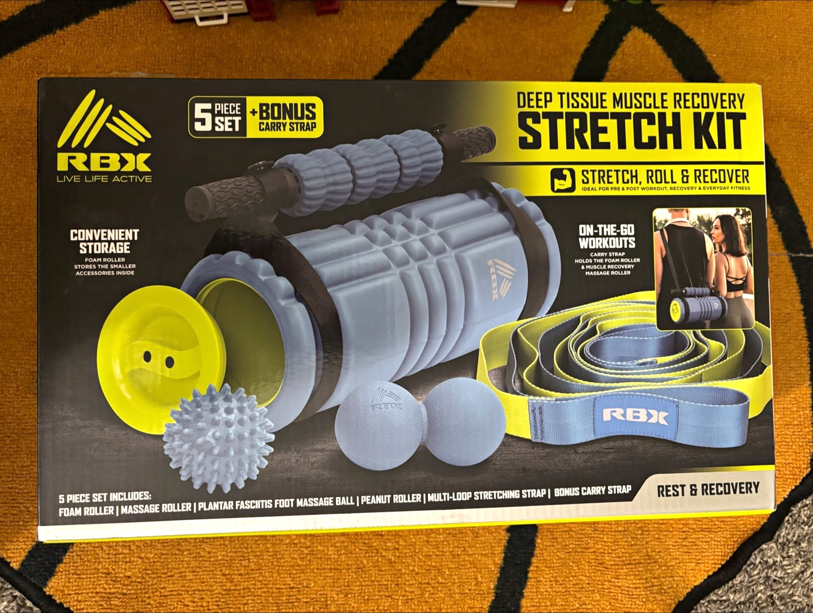 RBX Deep Tissue Muscle Recovery Stretch Kit Foam Roller Set 5pc w/ Carry Strap