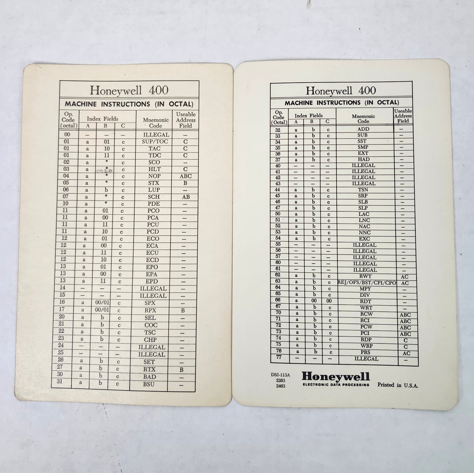 Honeywell 400 Machine Instructions Octal Base Eight Notation 48 Bit Cheat Sheet