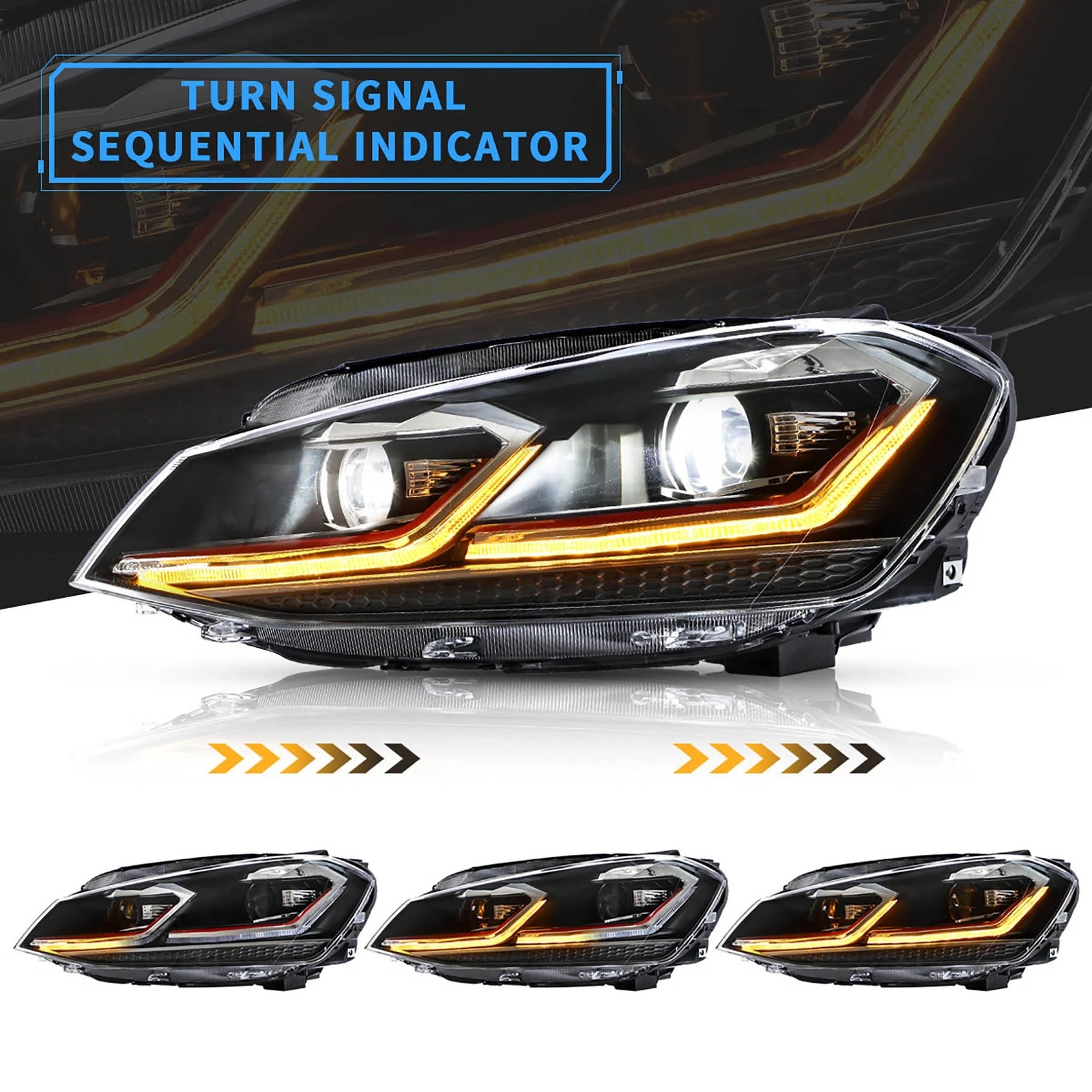 4pcs FULL LED Projector Headlights+Red Tail Light For VW Golf 7 MK7& GTI 2015-17