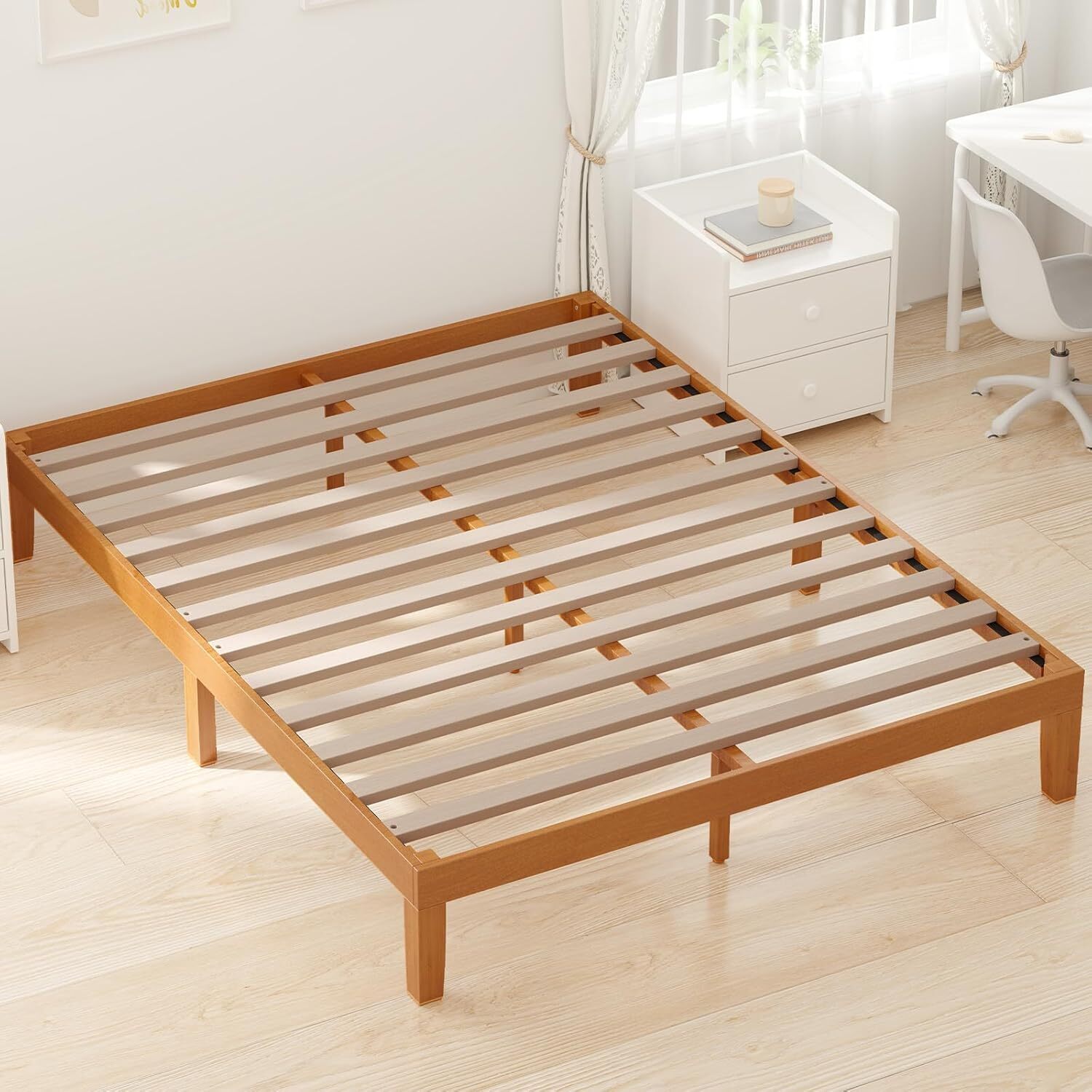Queen Size Wood Bed Frame 12in Wooden Platform Bed Foundation with Support Slats