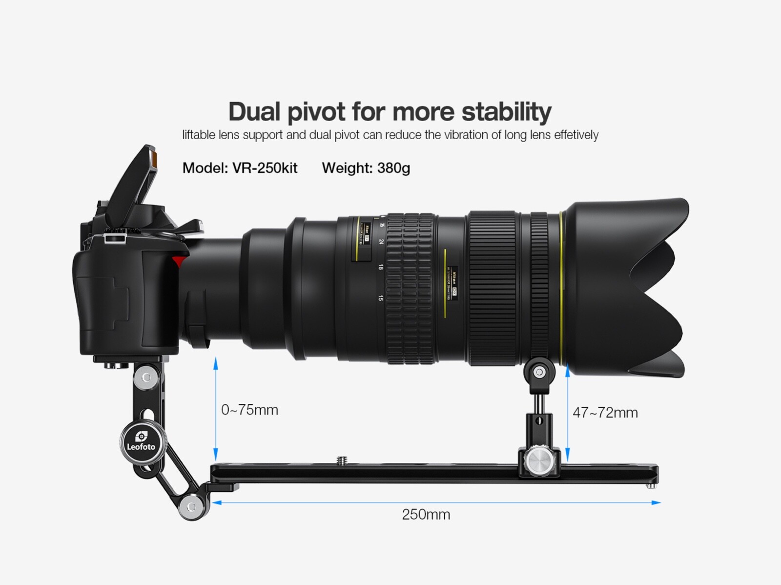 Leofoto VR-250Kit Updated 250mm Dual Pivot Long Lens Support, Arca