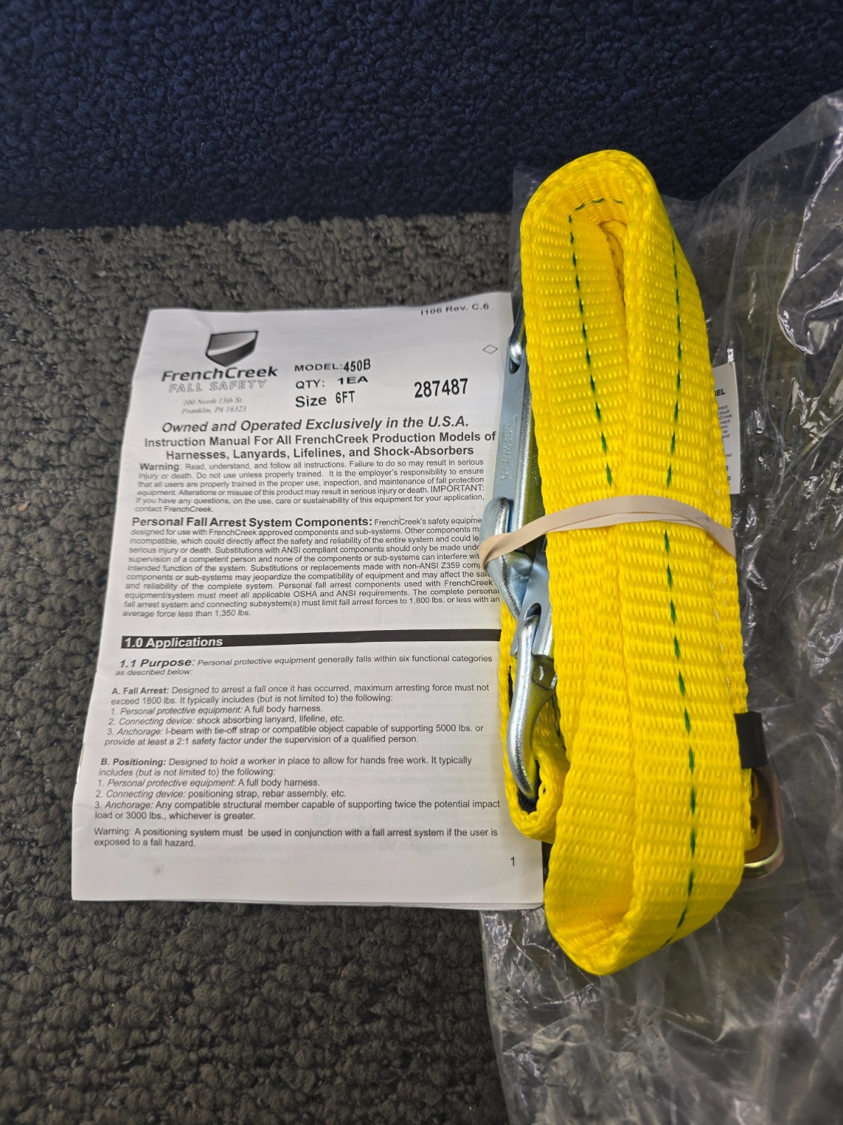 French Creek 450B Adjustable Positioning Web Lanyard Yellow 1" Width x 6' Length