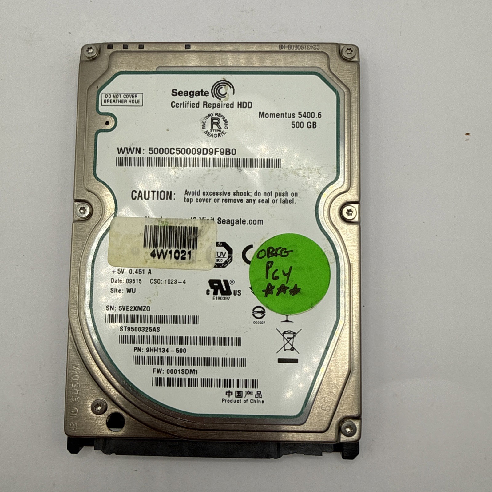HDD Hard Drive SATA Laptop 2.5" Seagate Momentus ST9500325AS 500GB