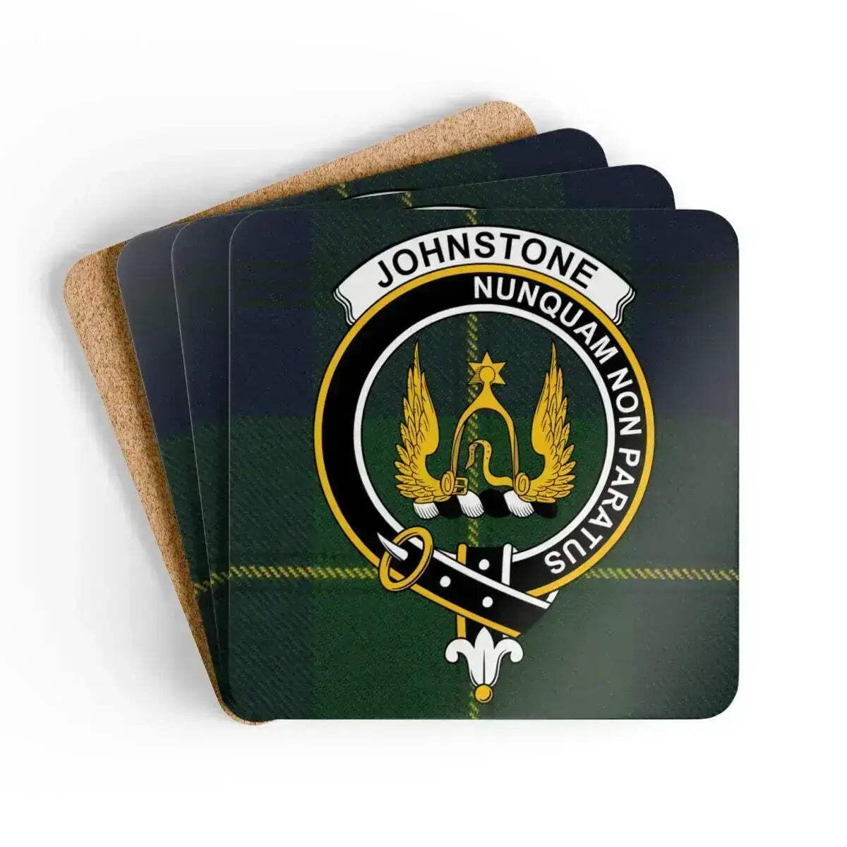 Johnstone Clan Crest Tartan Coaster Set – Set of 4 Natural Cork