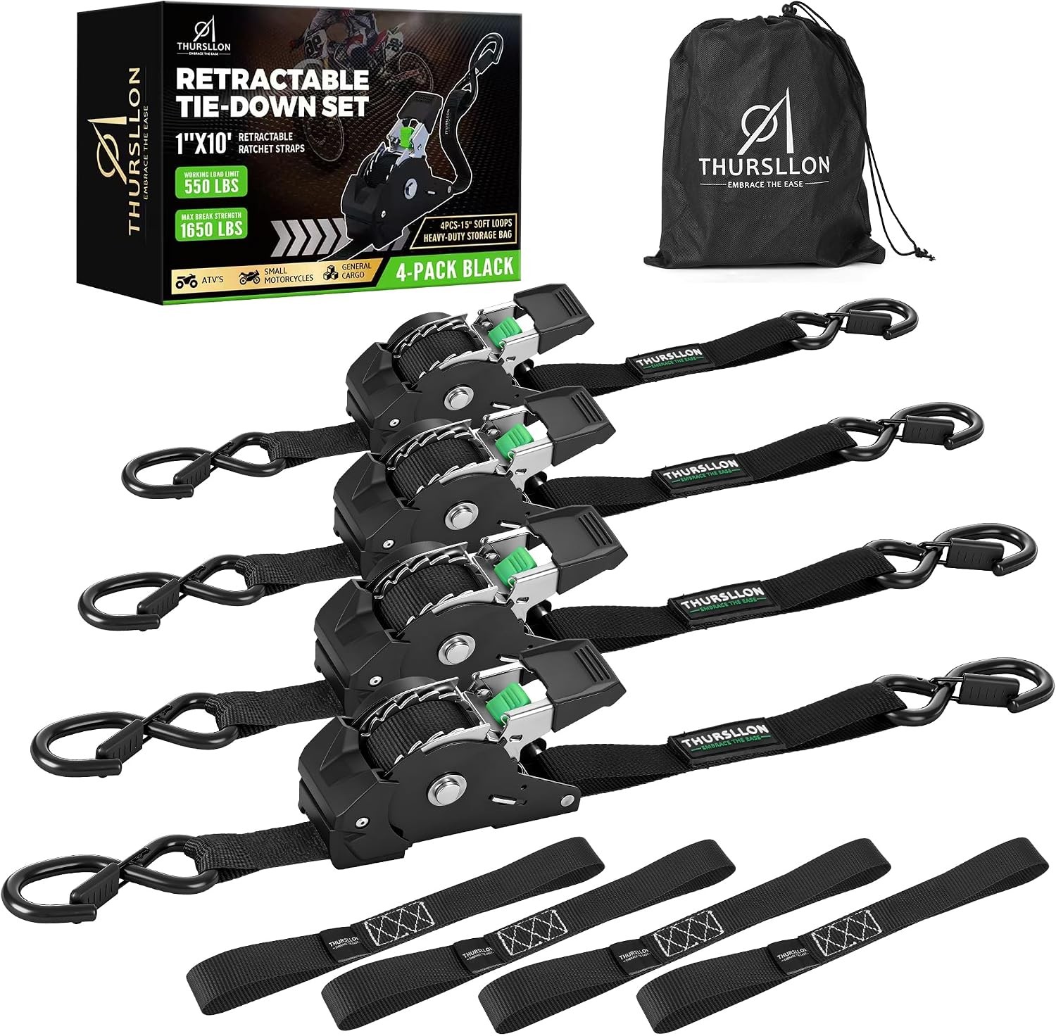 Retractable Ratchet Straps (4-Pack) - 1 Inch X 10 Feet (1,650Lb Break Strength)